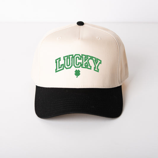 Embroidered Lucky Varsity Clover | Canvas Trucker Hat