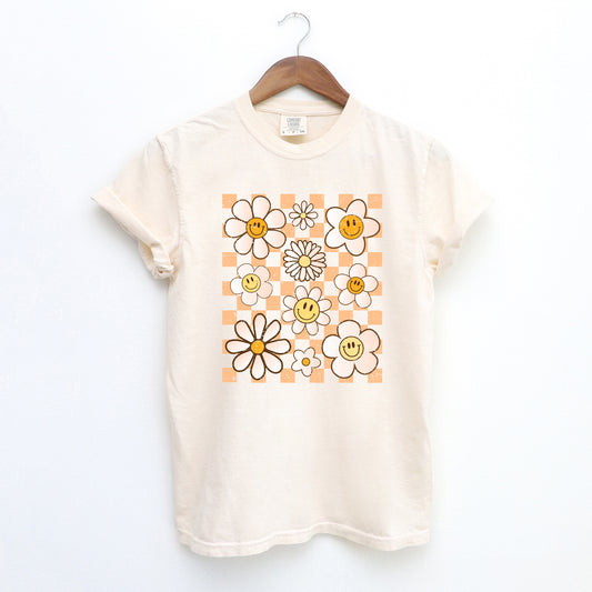 Checkered Smiley Face Flowers | Garment Dyed Short Sleeve Tee