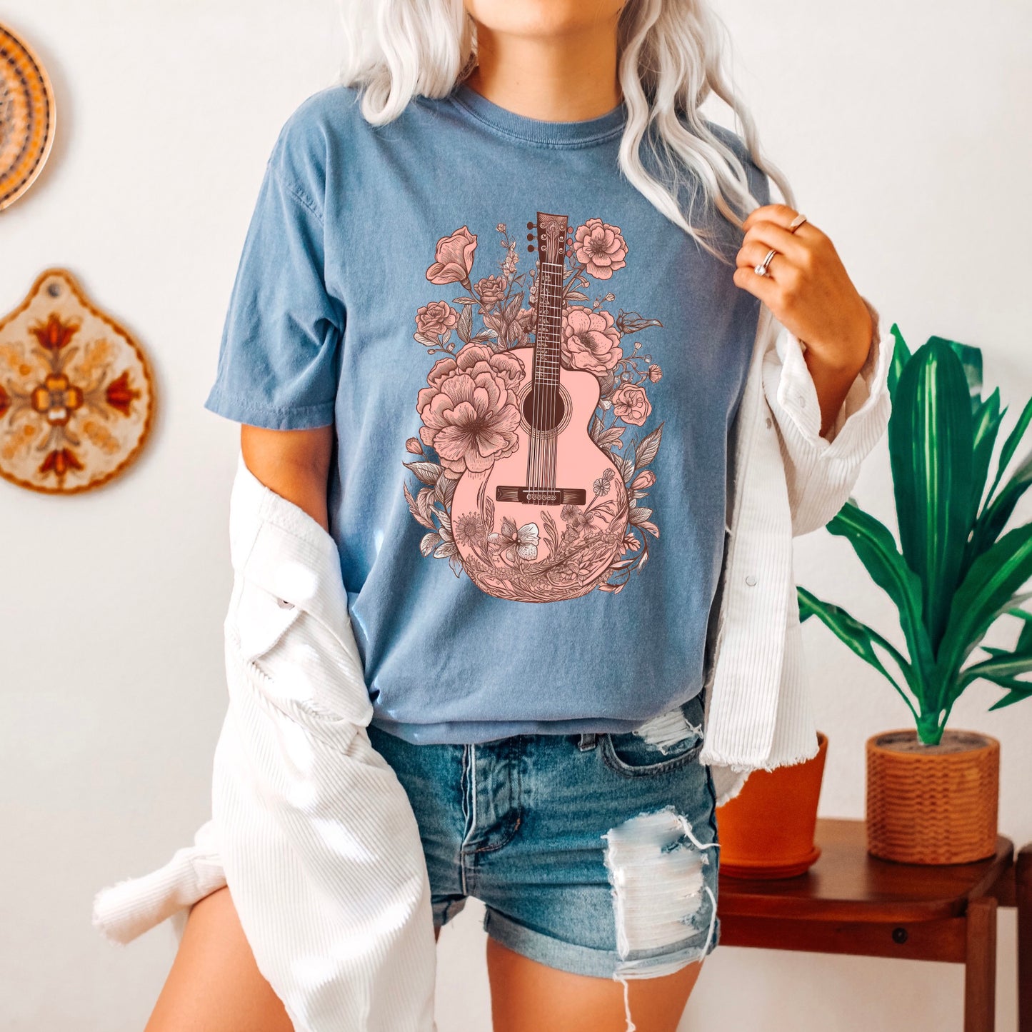 Pink Guitar Floral | Garment Dyed Short Sleeve Tee