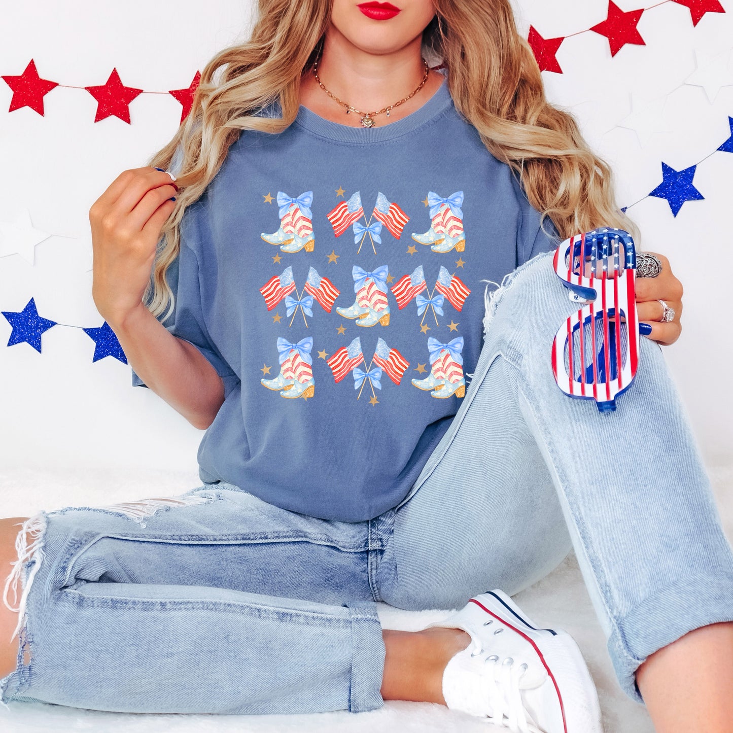 Coquette Patriotic Cowgirl Boots Chart | Garment Dyed Short Sleeve Tee