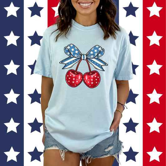 Coquette Patriotic Cherries | Garment Dyed Short Sleeve Tee