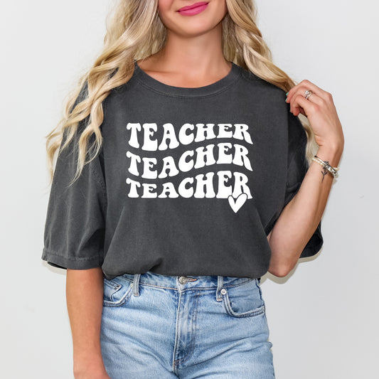 Teacher Stacked Wavy Heart | Garment Dyed Short Sleeve Tee