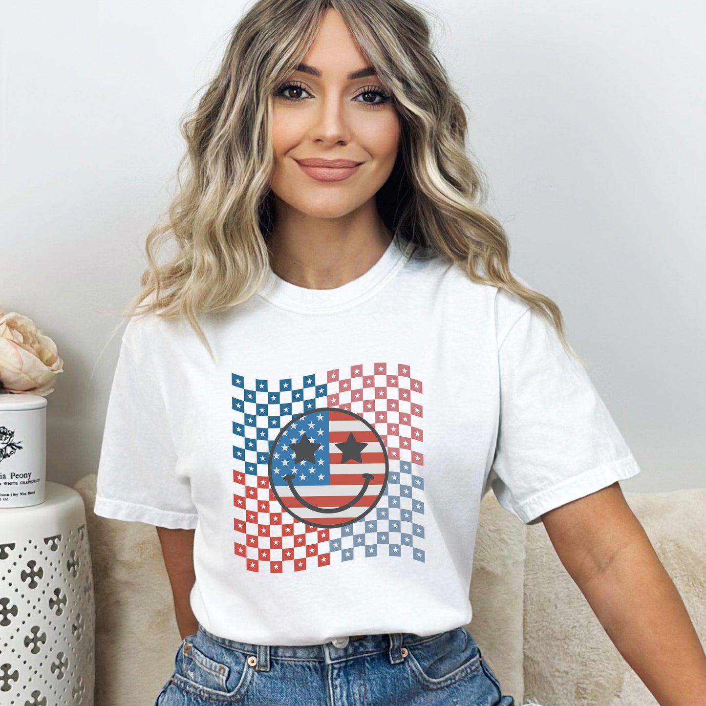 Checkered Patriotic Smiley Face | Garment Dyed Short Sleeve Tee