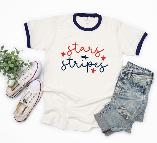 Patriotic Stars And Stripes Cursive | Ringer Tee