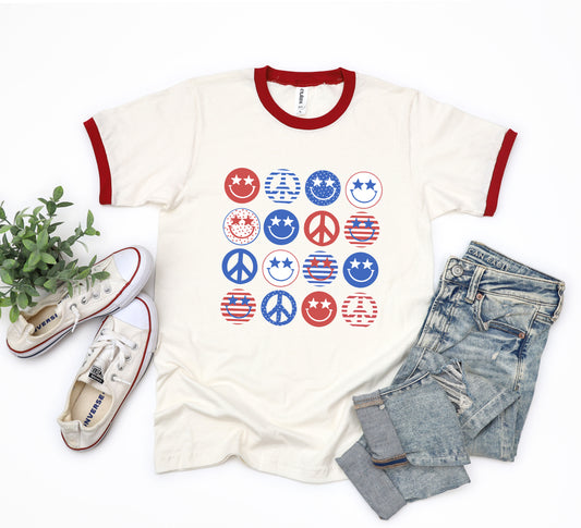 Patriotic Smiley Faces Stacked | Ringer Tee