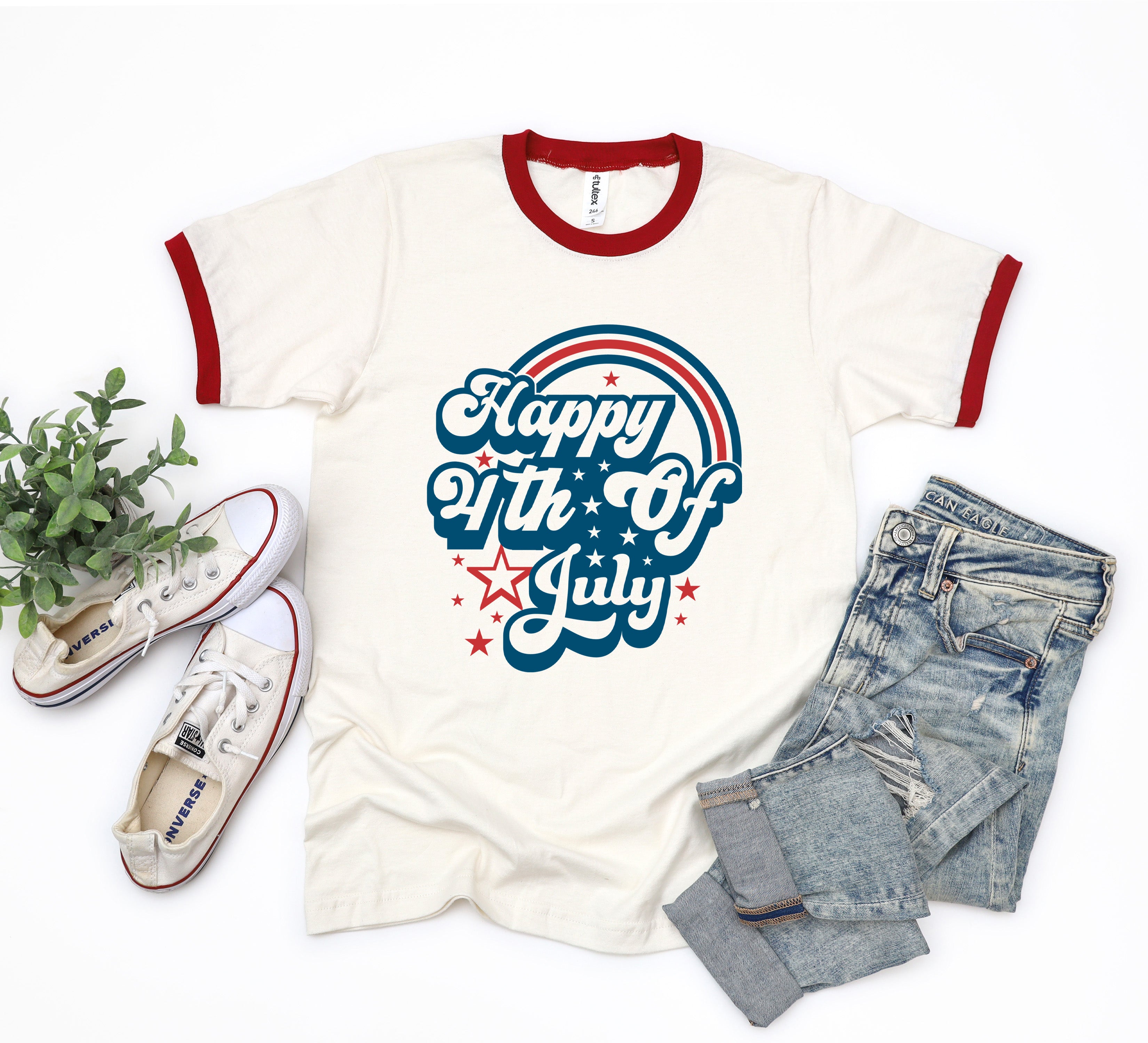 Happy 4th Of July Rainbow | Ringer Tee