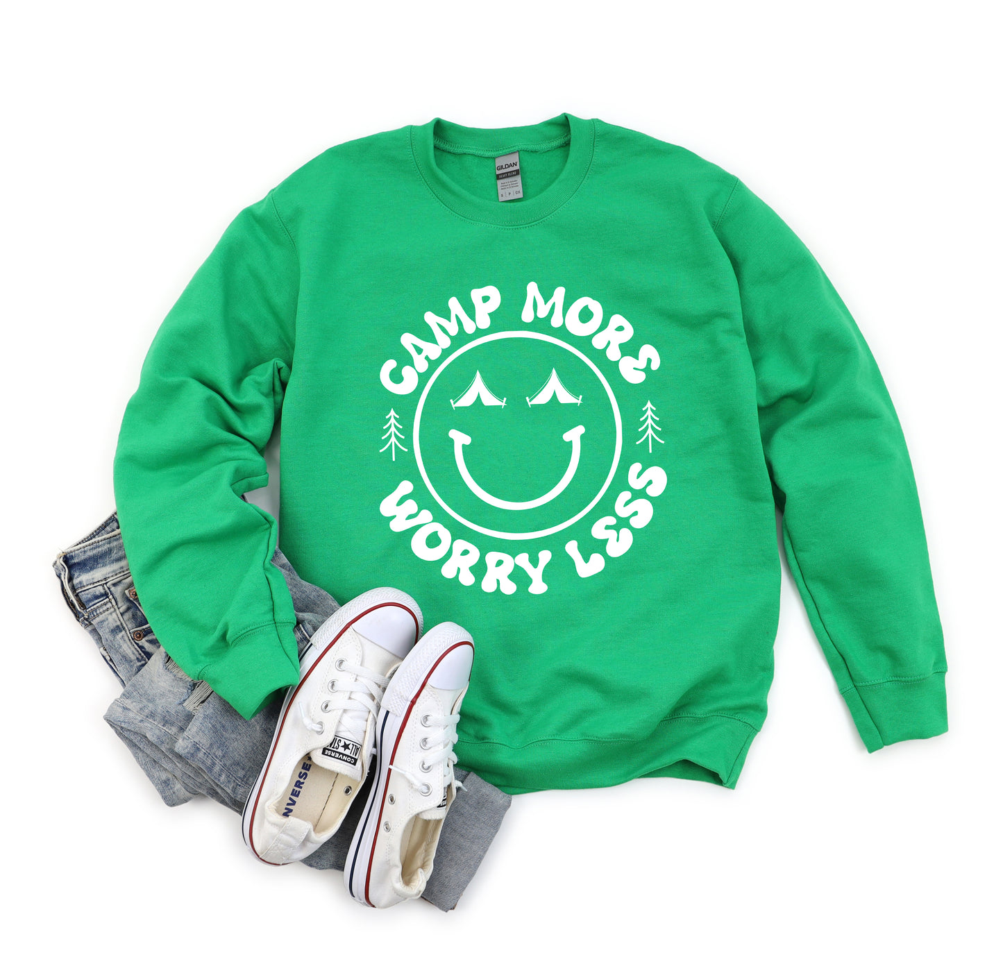 Camp More Worry Less Smiley Face | Sweatshirt