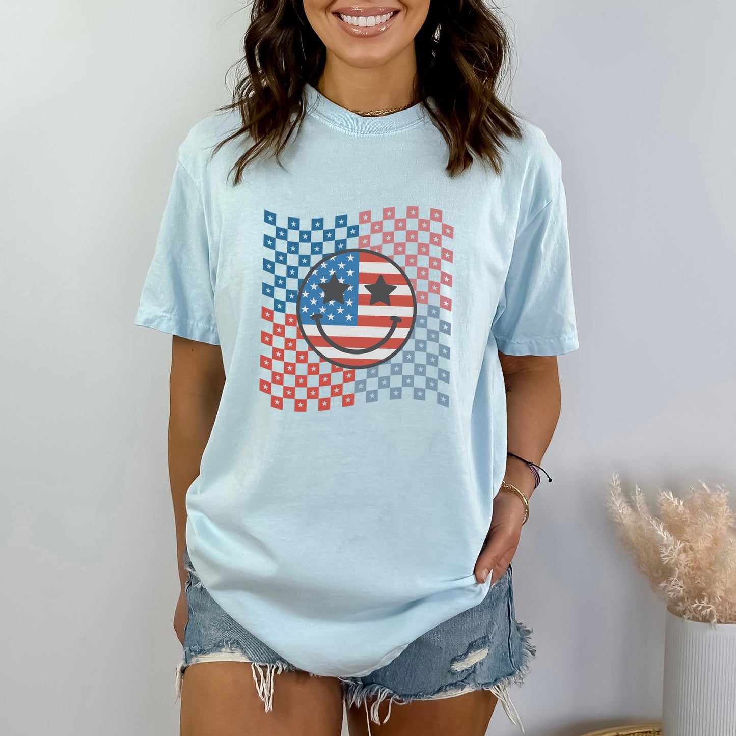 Clearance Checkered Patriotic Smiley Face | Garment Dyed Short Sleeve Tee