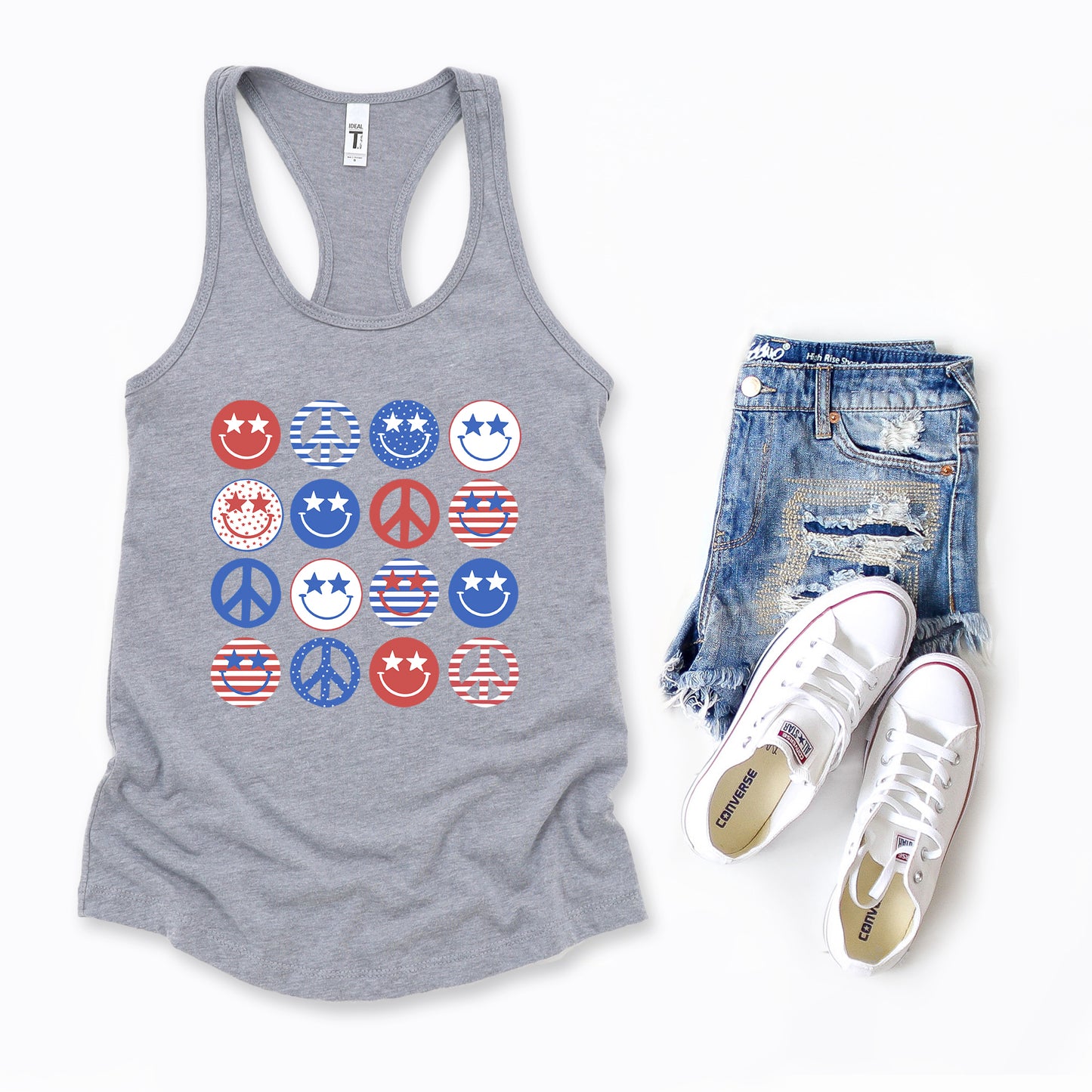 Stacked 4th Of July Smiley Faces | Racerback Tank