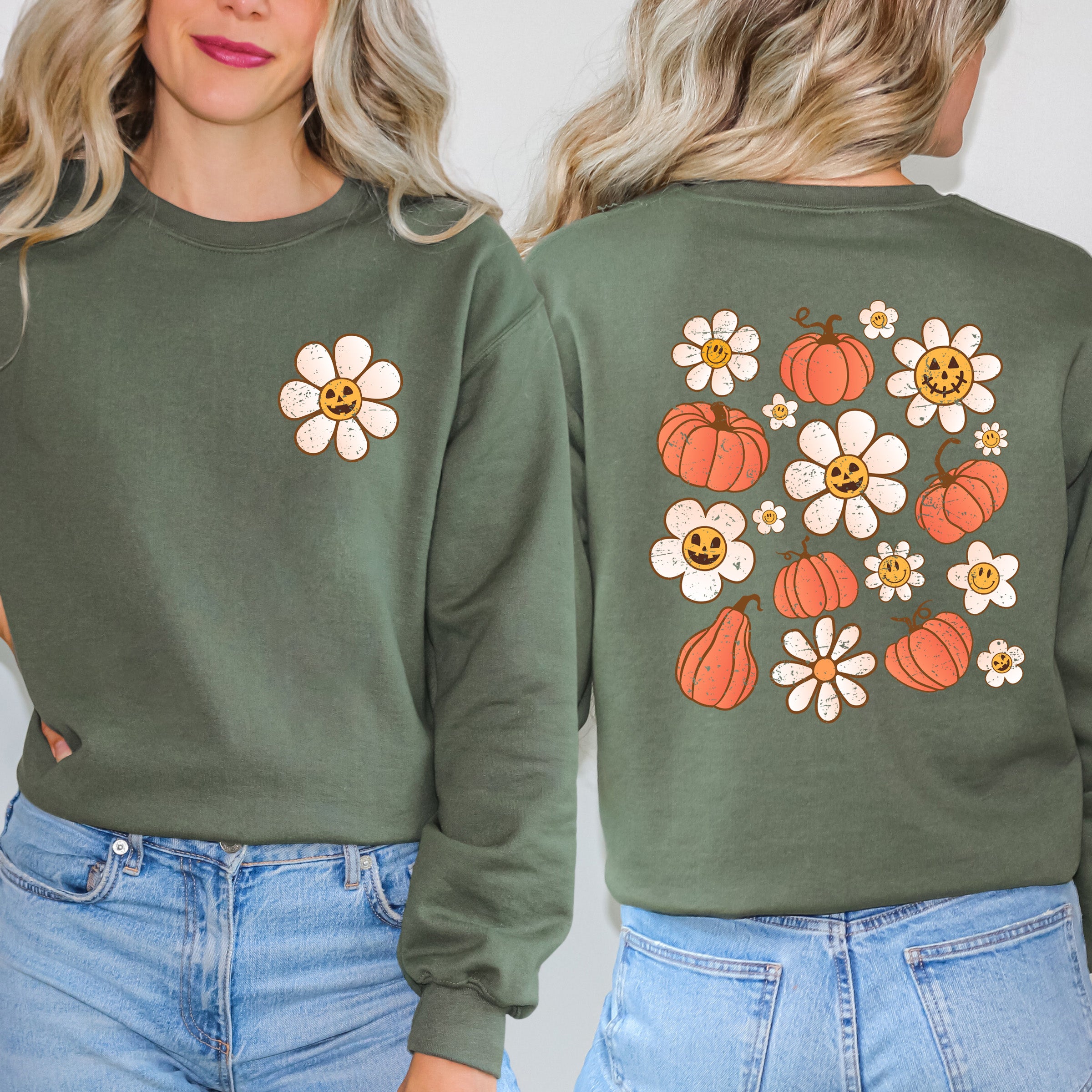 Distressed Flowers And Pumpkins Front And Back