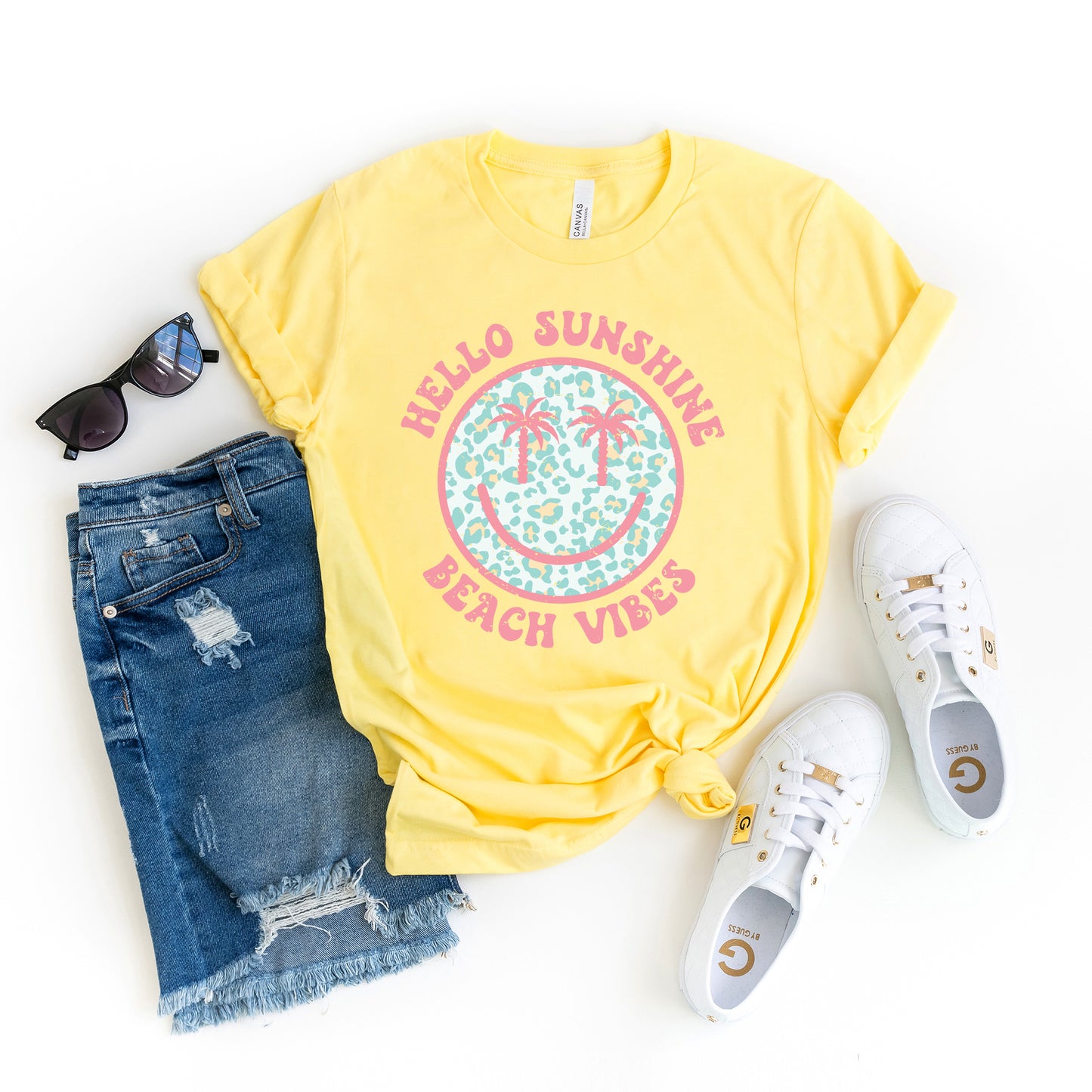 Hello Sunshine Leopard Smiley Face | Short Sleeve Graphic Tee