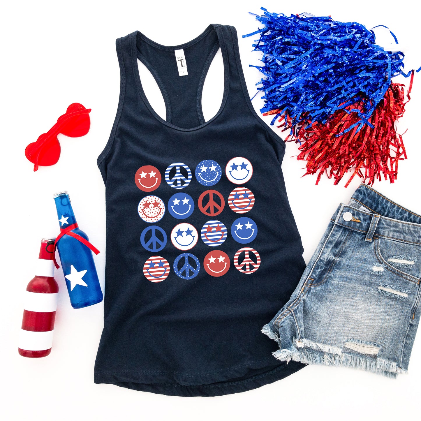 Stacked 4th Of July Smiley Faces | Racerback Tank