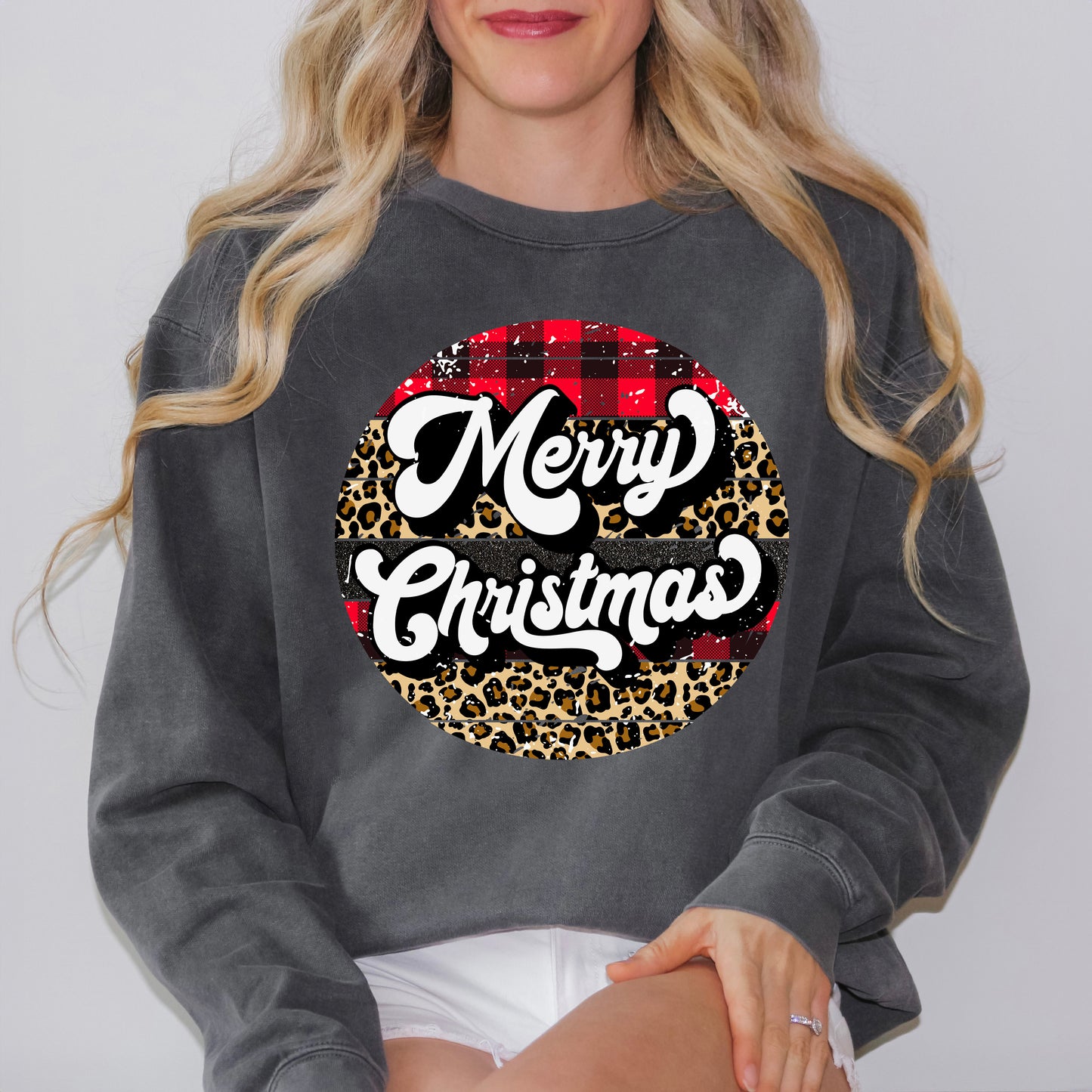 Clearance Buffalo Plaid Leopard Merry Christmas | Garment Dyed Sweatshirt