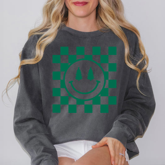Checkered Christmas Smiley | Garment Dyed Sweatshirt
