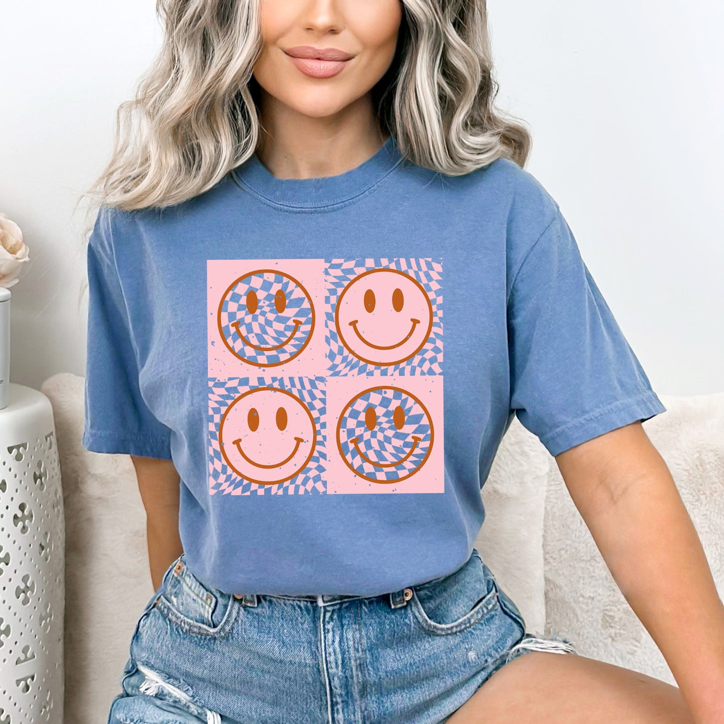 Pink Four Square Smiley Face | Garment Dyed Short Sleeve Tee