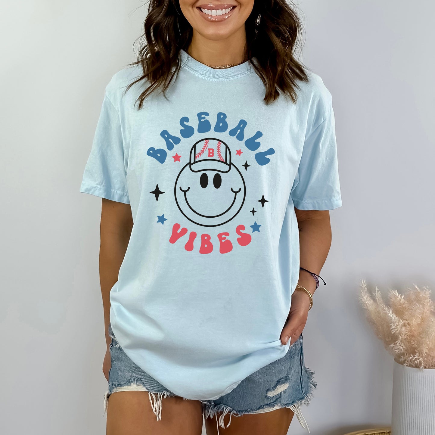 Smiley Face Baseball Vibes | Garment Dyed Short Sleeve Tee