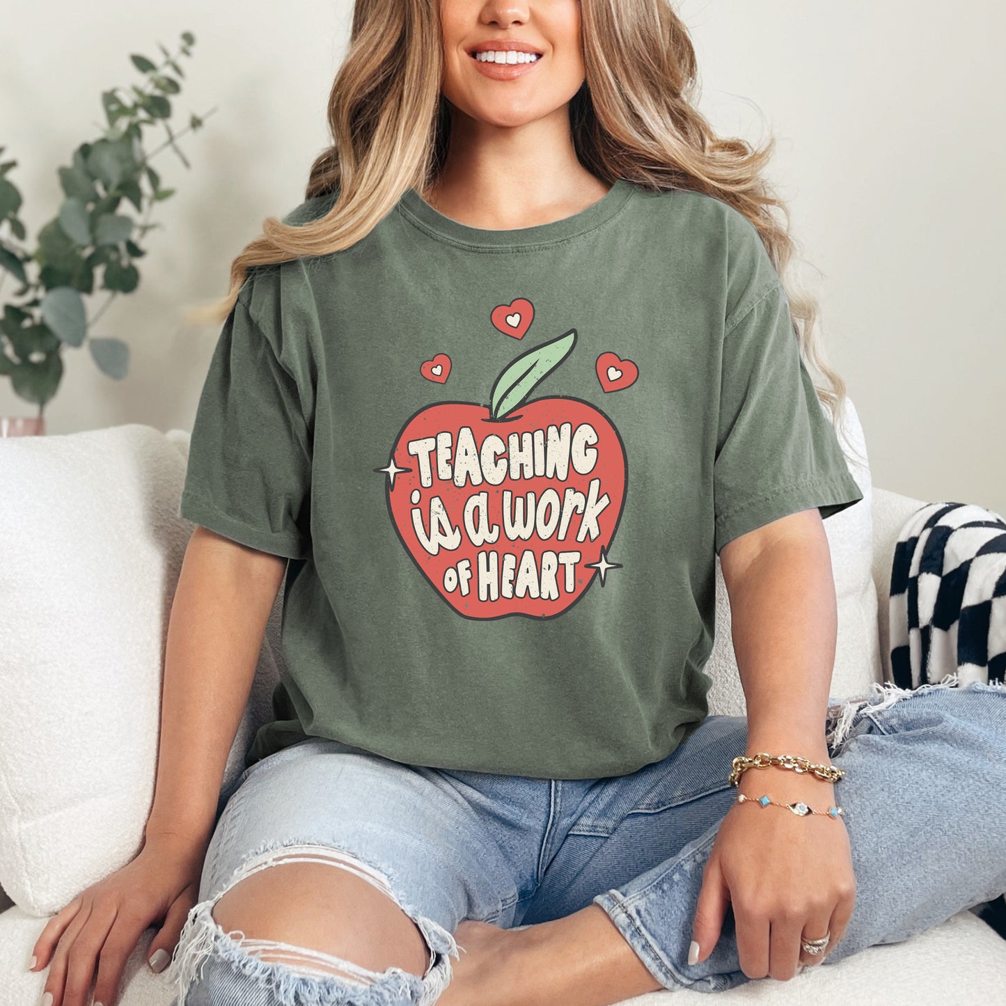 Teaching Is A Work Of Heart Apple | Garment Dyed Short Sleeve Tee