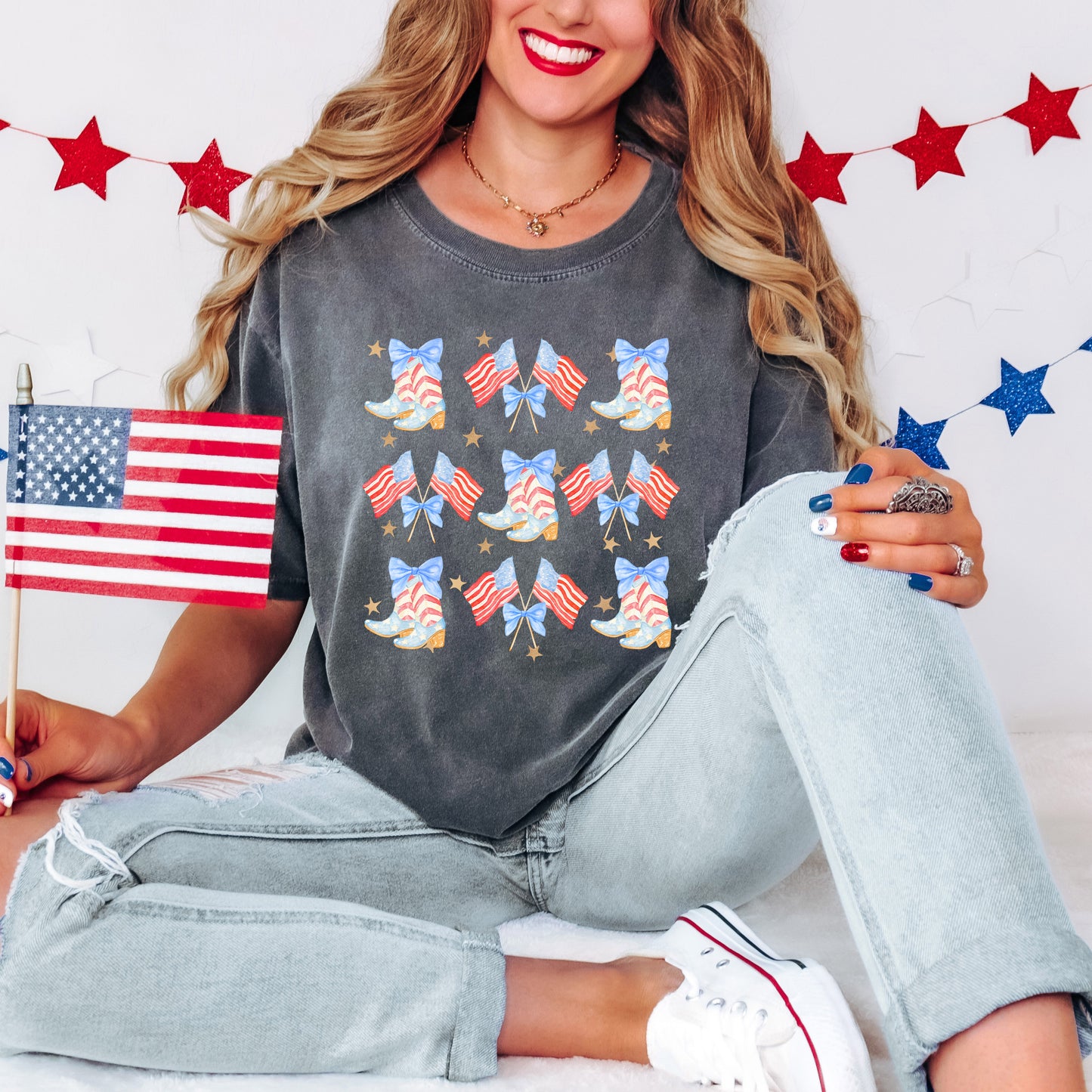 Coquette Patriotic Cowgirl Boots Chart | Garment Dyed Short Sleeve Tee