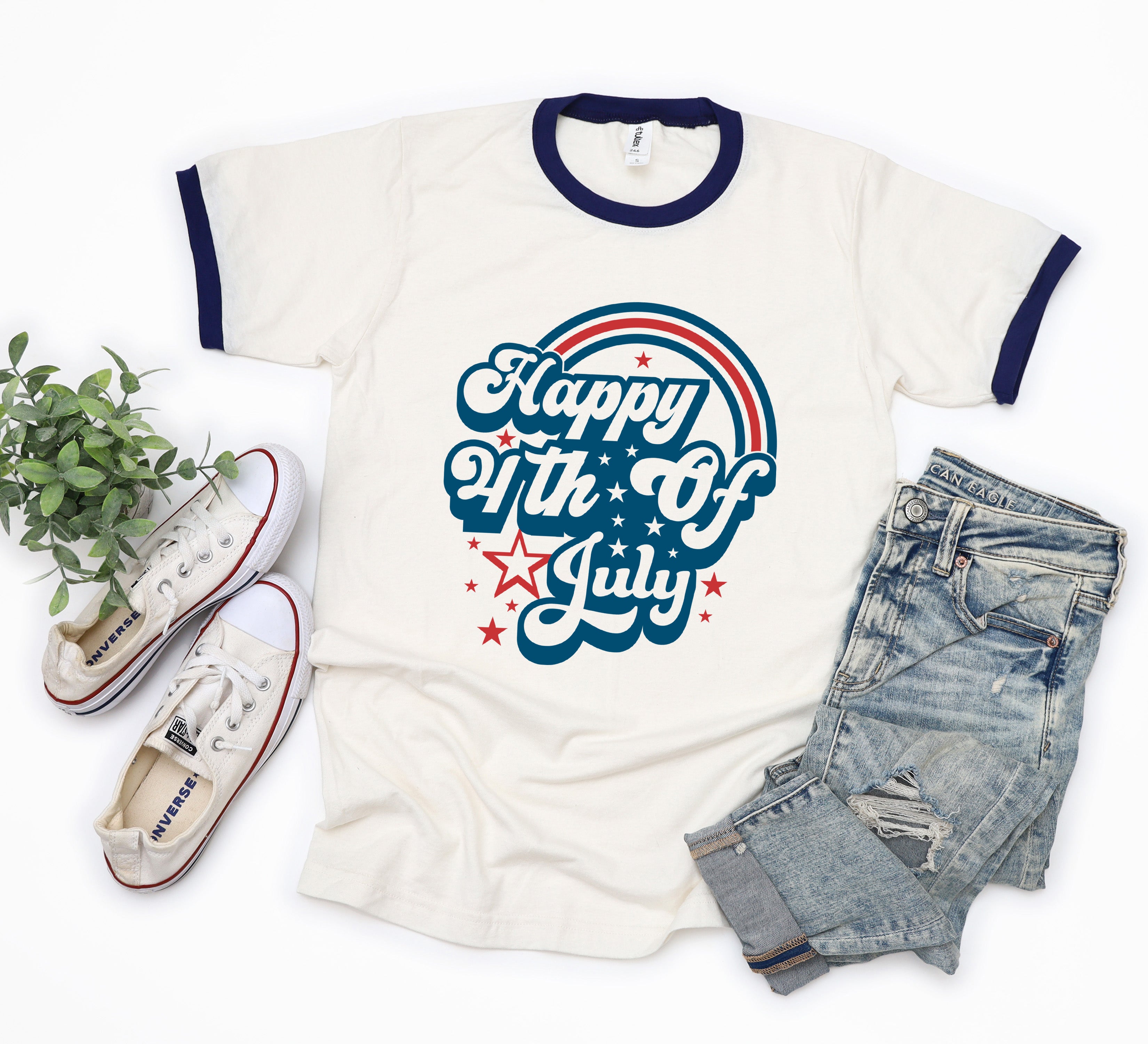 Happy 4th Of July Rainbow | Ringer Tee