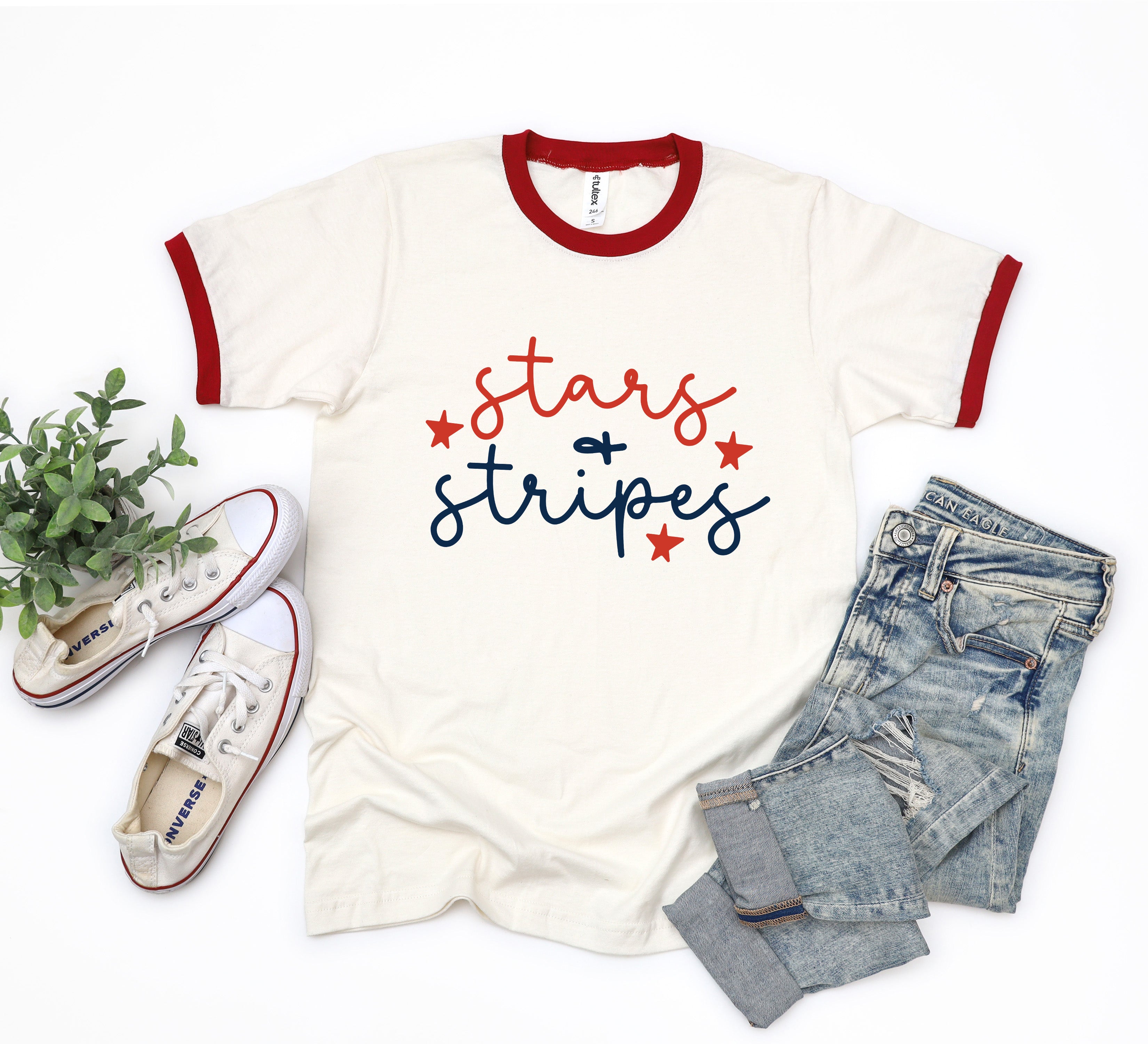 Patriotic Stars And Stripes Cursive | Ringer Tee