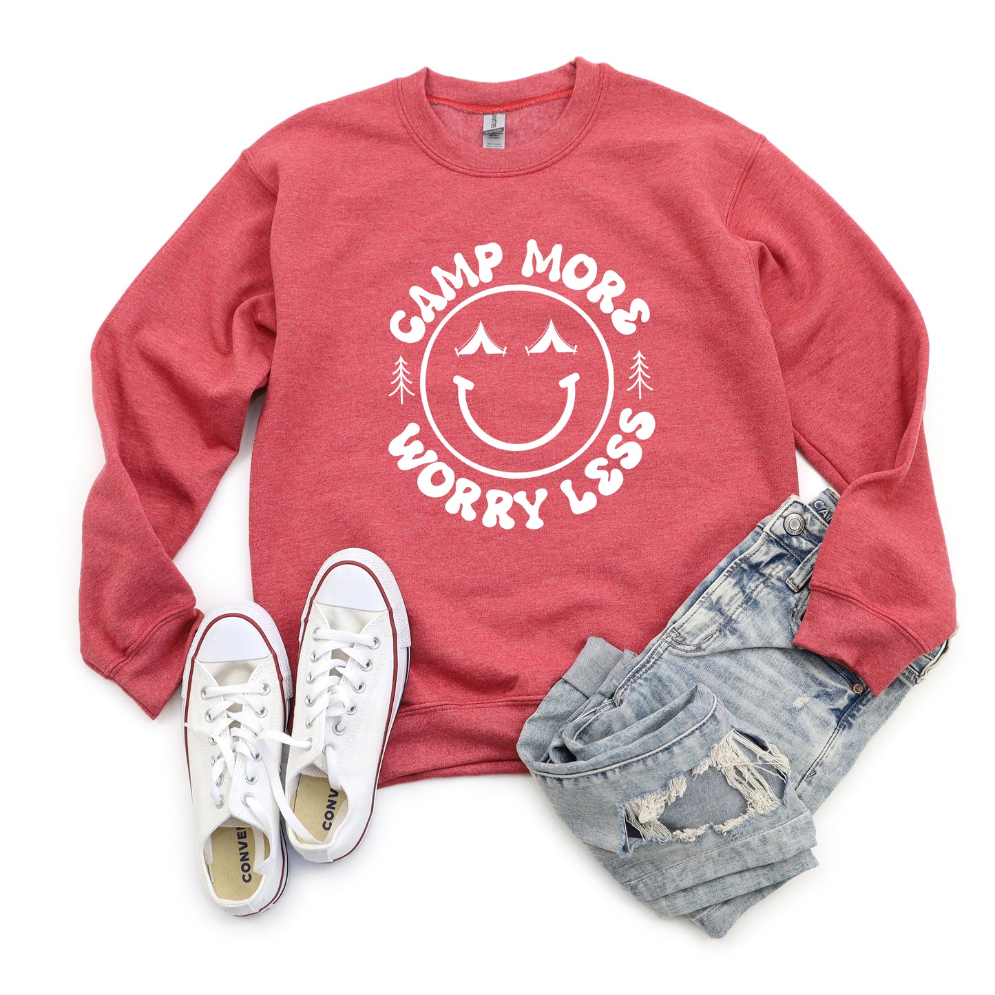 Camp More Worry Less Smiley Face | Sweatshirt