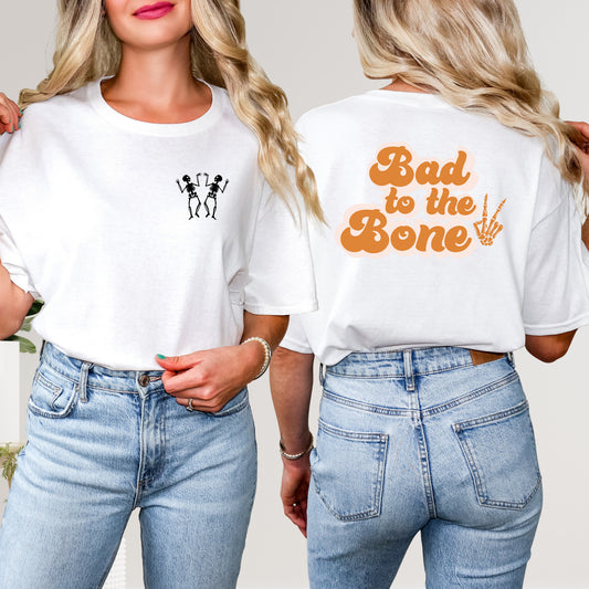 Bad To The Bone / Two Dancing Skeletons | Front & Back Short Sleeve Graphic Tee
