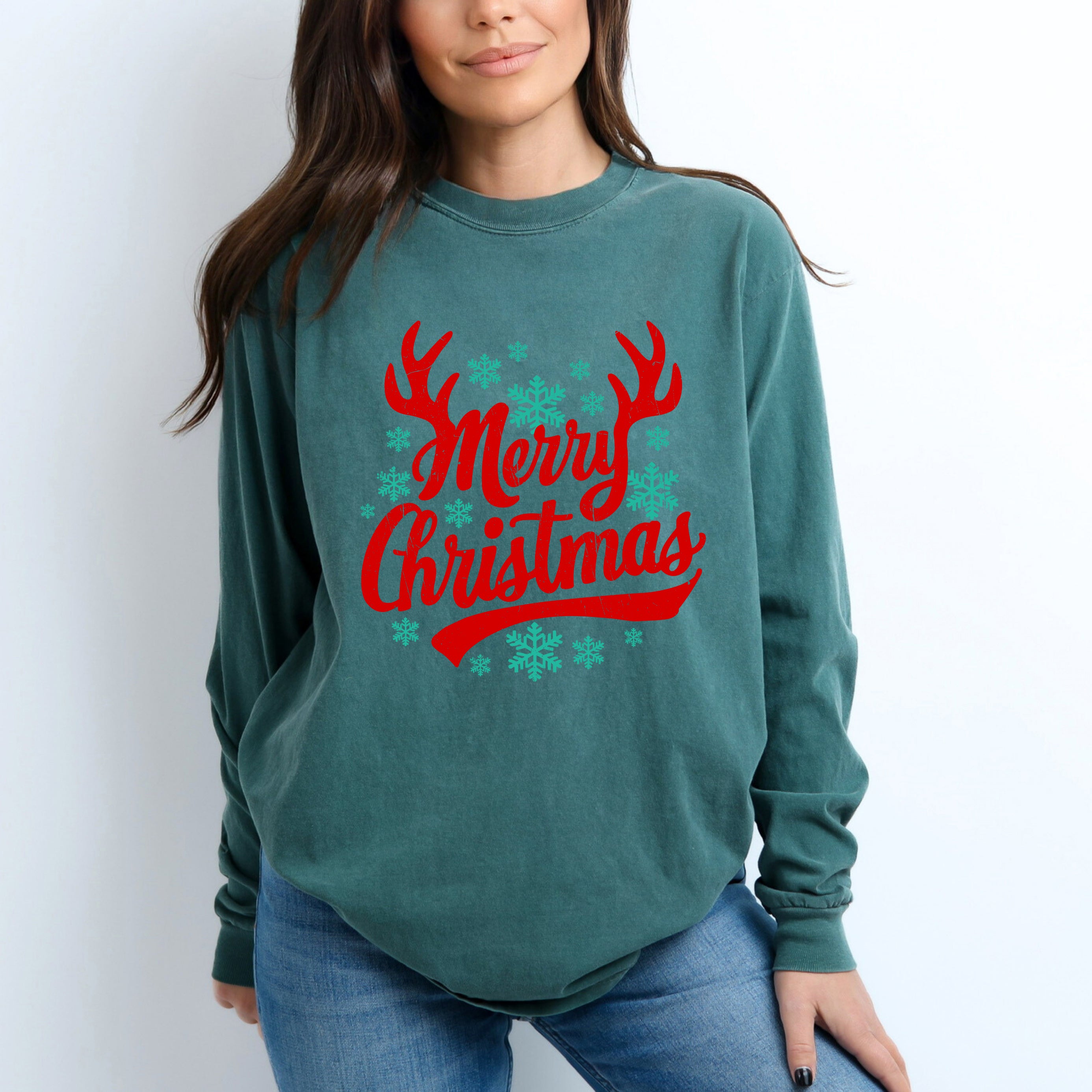 Merry Christmas Antlers | Garment Dyed Long Sleeve