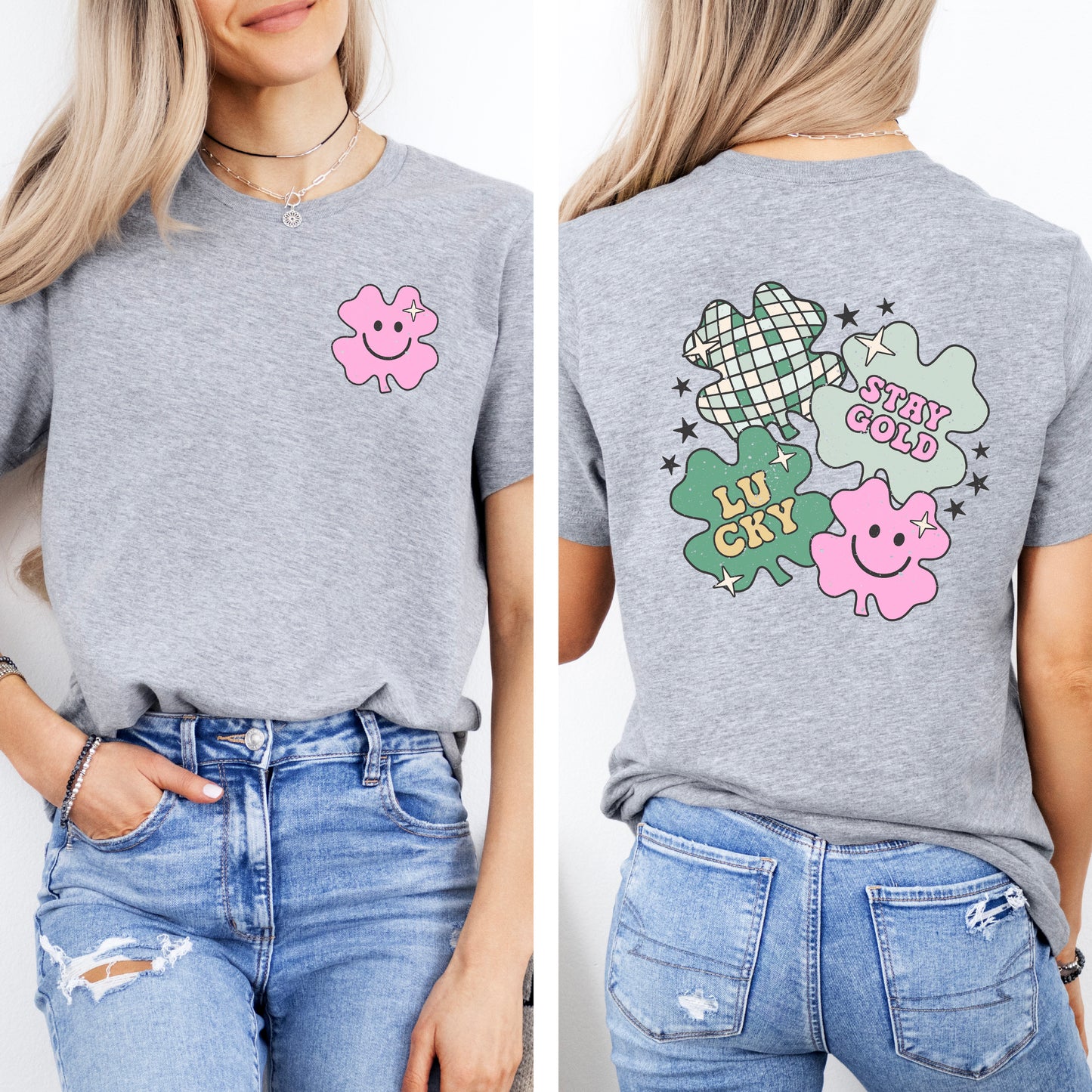 Stay Gold Lucky Shamrocks | Front & Back Short Sleeve Graphic Tee