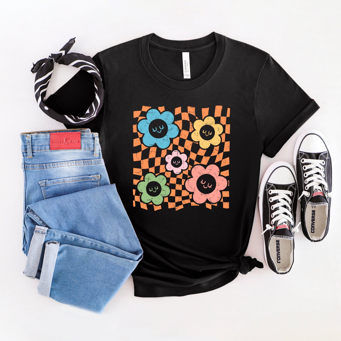 Checkered Flowers And Smiley | Short Sleeve Graphic Tee