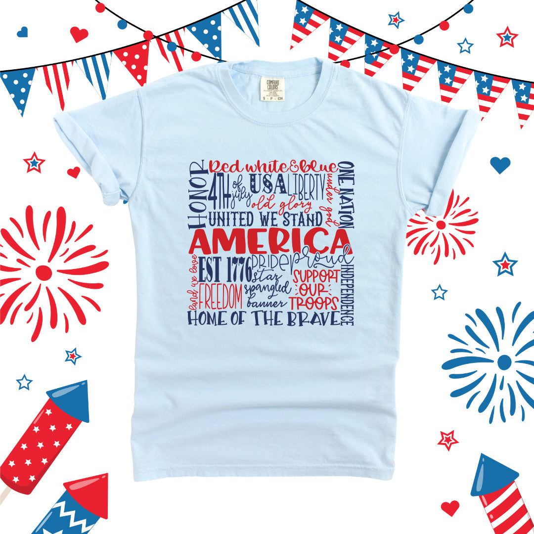 America Words Colorful | Garment Dyed Short Sleeve Tee