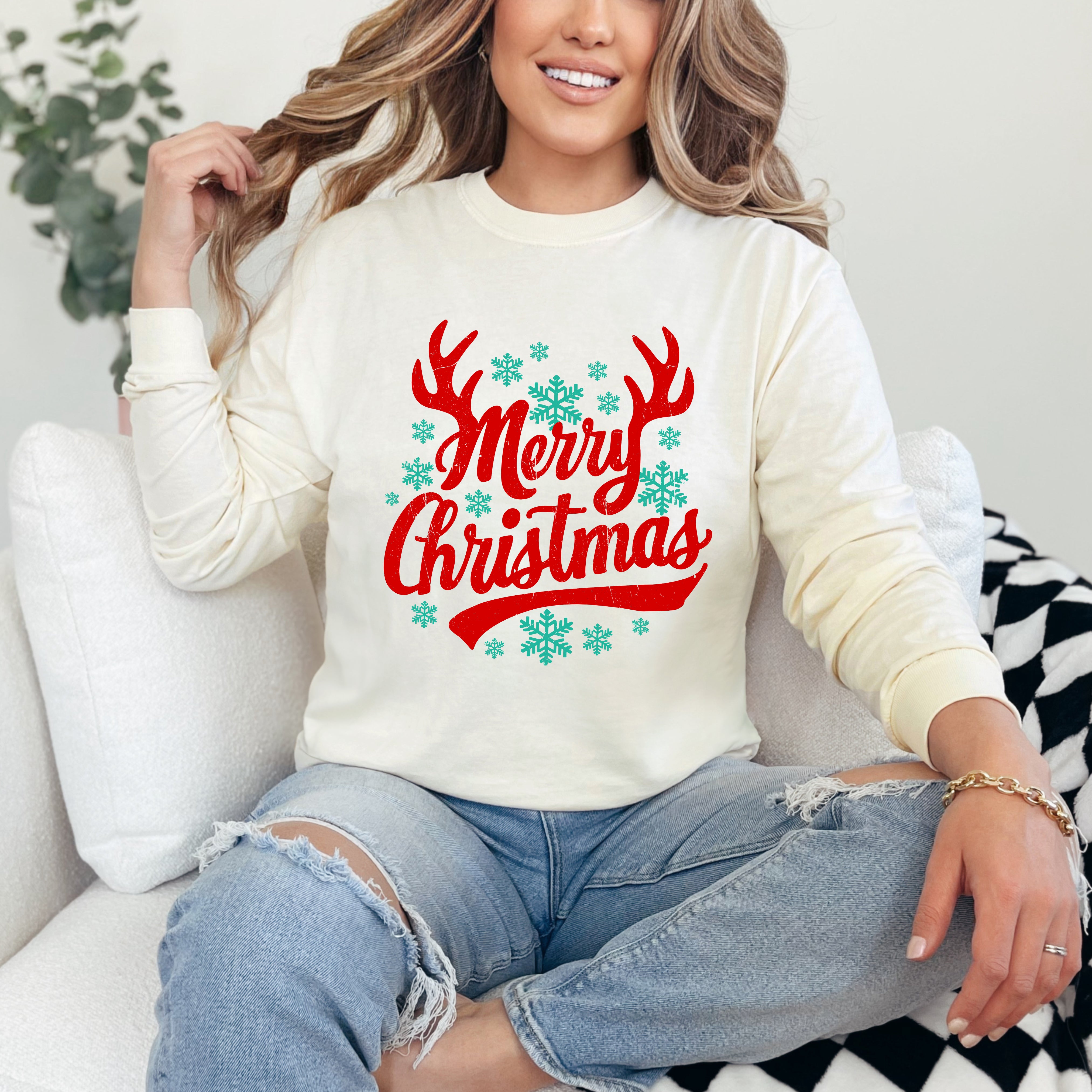 Merry Christmas Antlers | Garment Dyed Long Sleeve