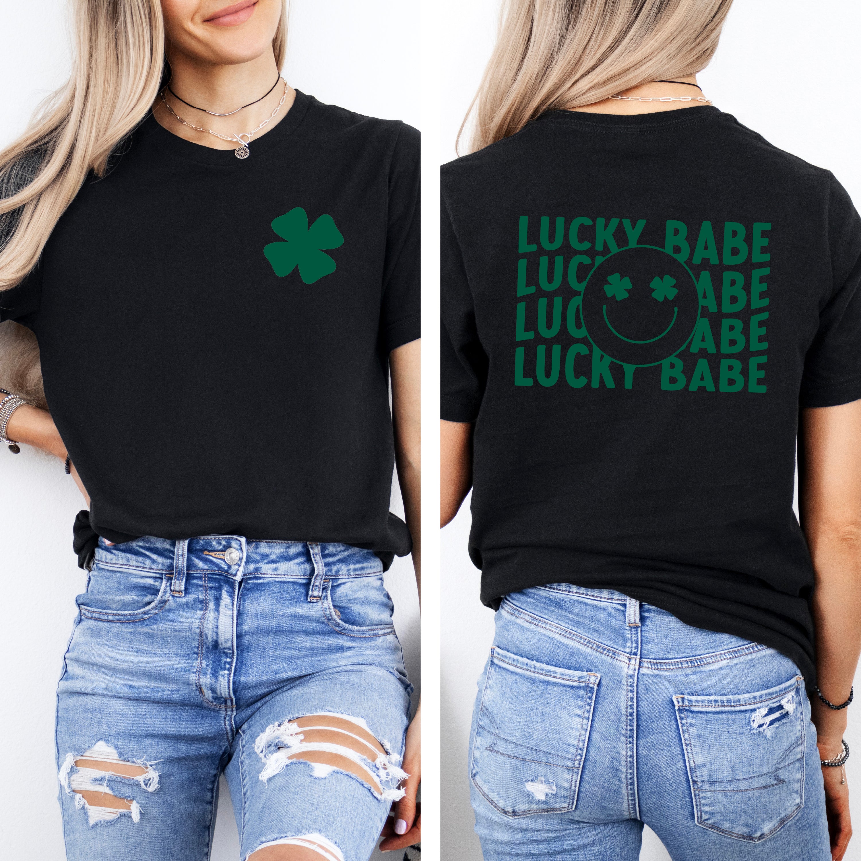 Smiley Lucky Babe Stacked | Front & Back Short Sleeve Graphic Tee
