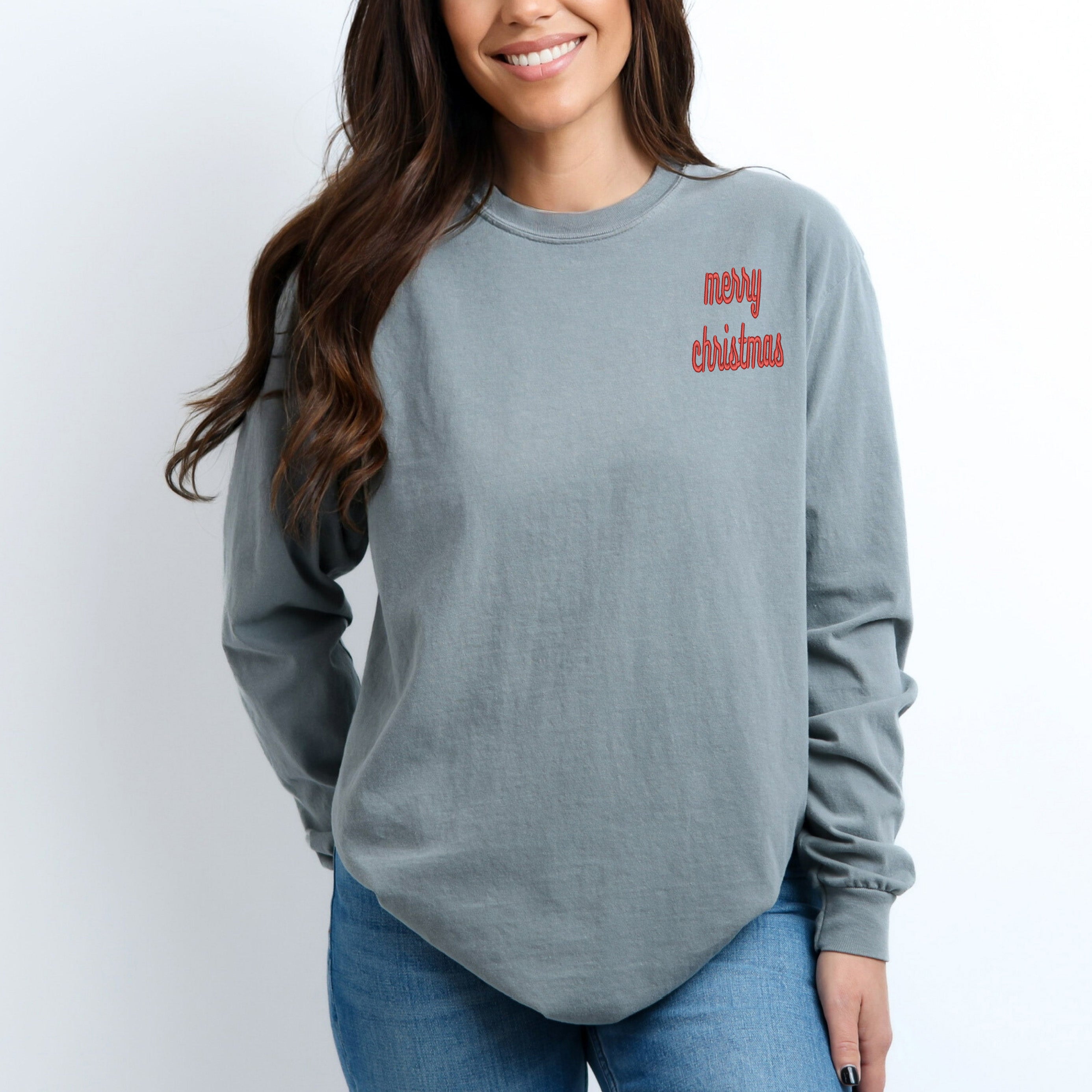 Embroidered Merry Christmas Bold Cursive Mini | Garment Dyed Long Sleeve