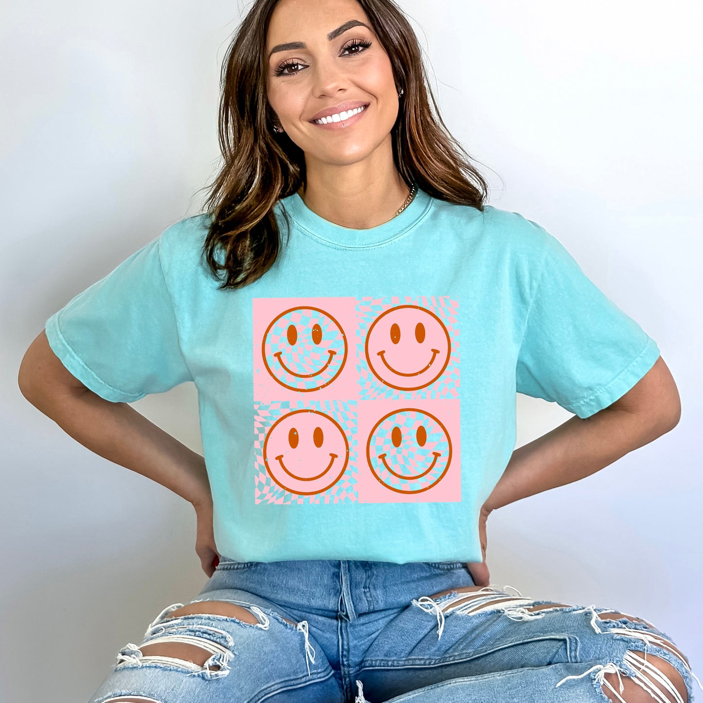 Pink Four Square Smiley Face | Garment Dyed Short Sleeve Tee