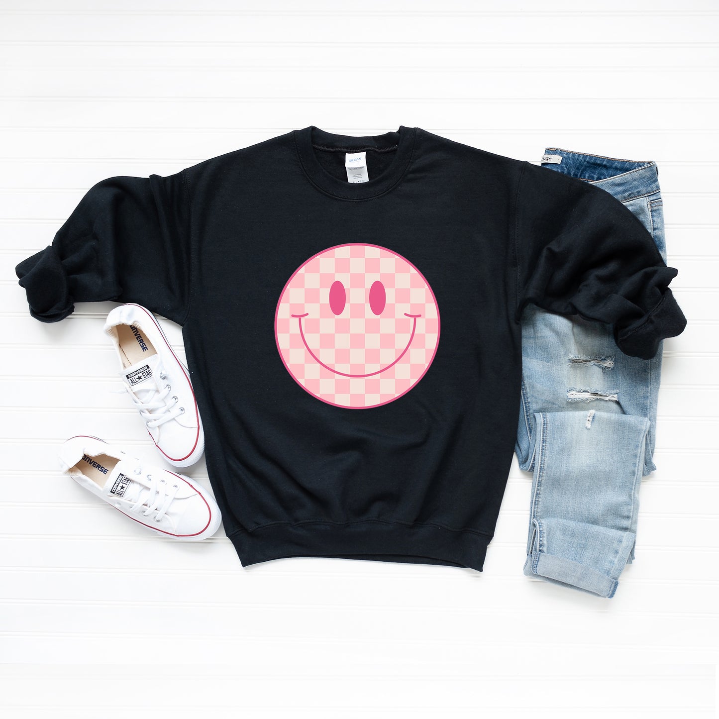 Pink Checker Smiley Face | Sweatshirt