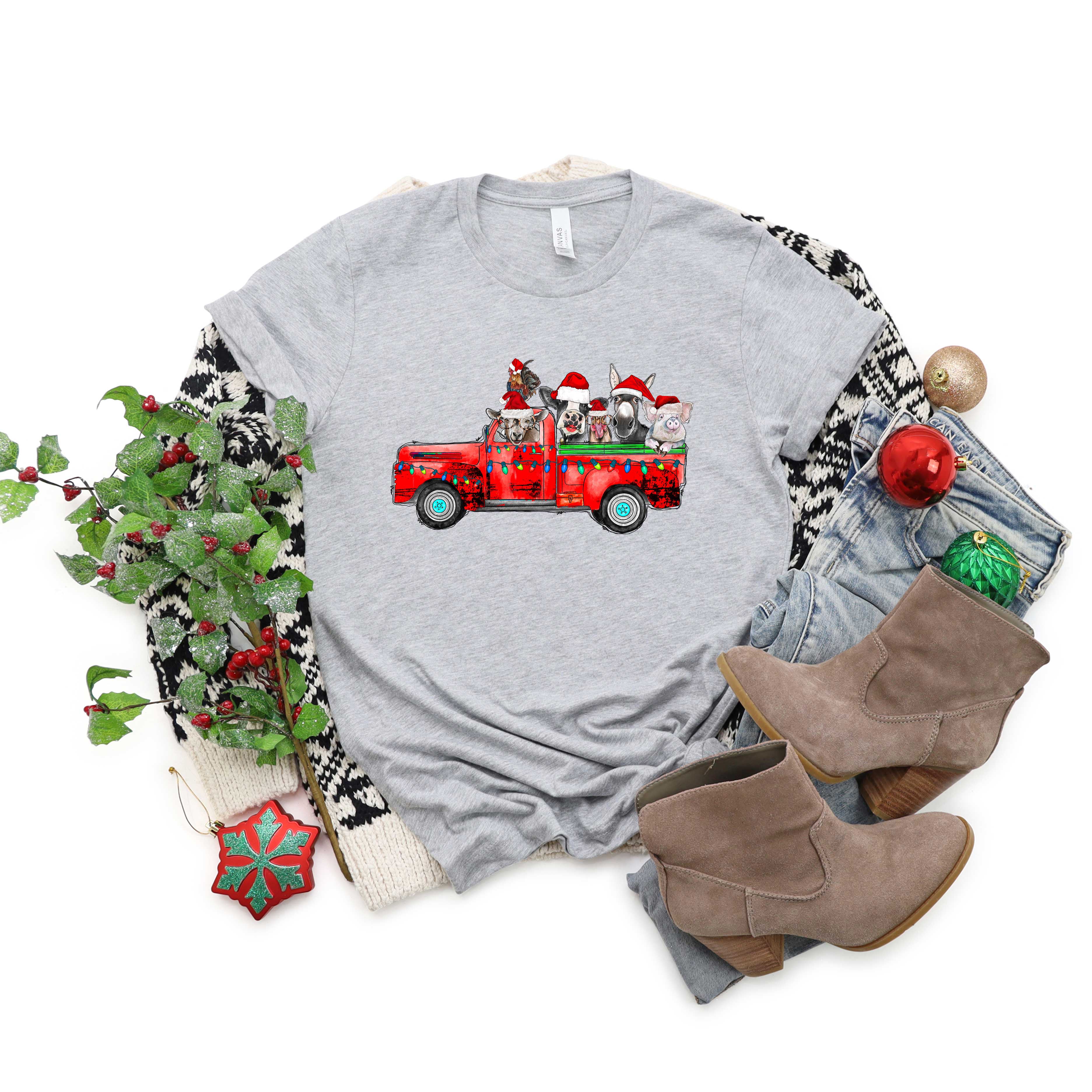 Farm Animals Christmas Truck | Short Sleeve Graphic Tee