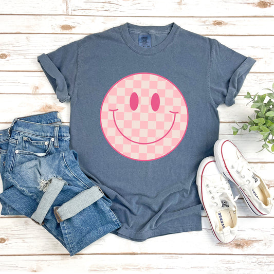 Pink Checker Smiley Face | Garment Dyed Tee