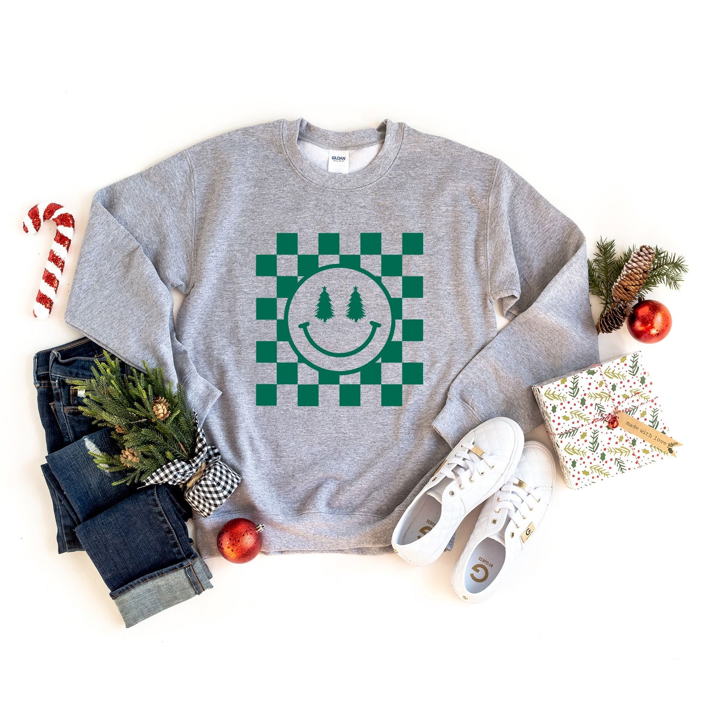 Clearance Checkered Christmas Smiley | Sweatshirt