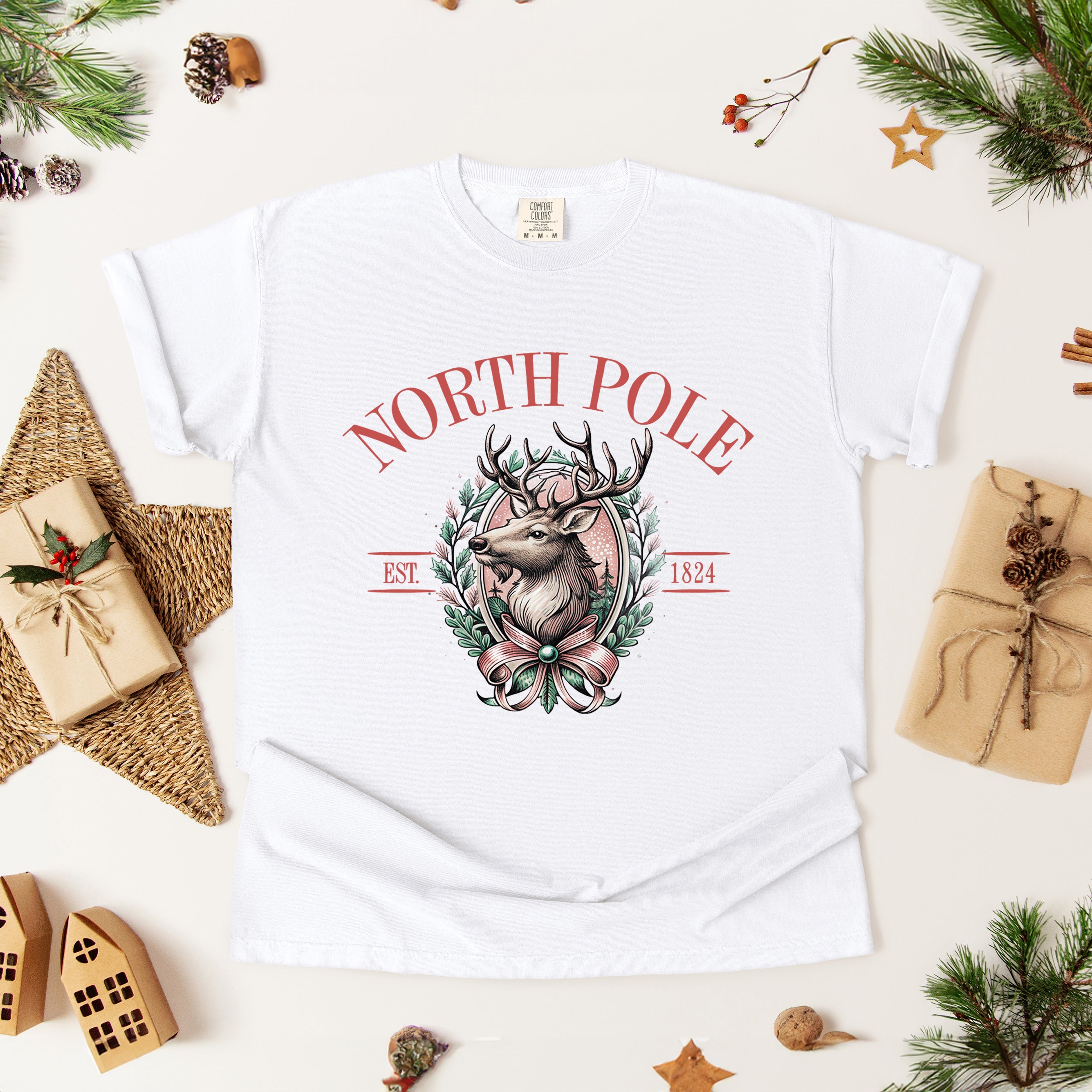 North Pole Reindeer Oval Wreath | Garment Dyed Tee