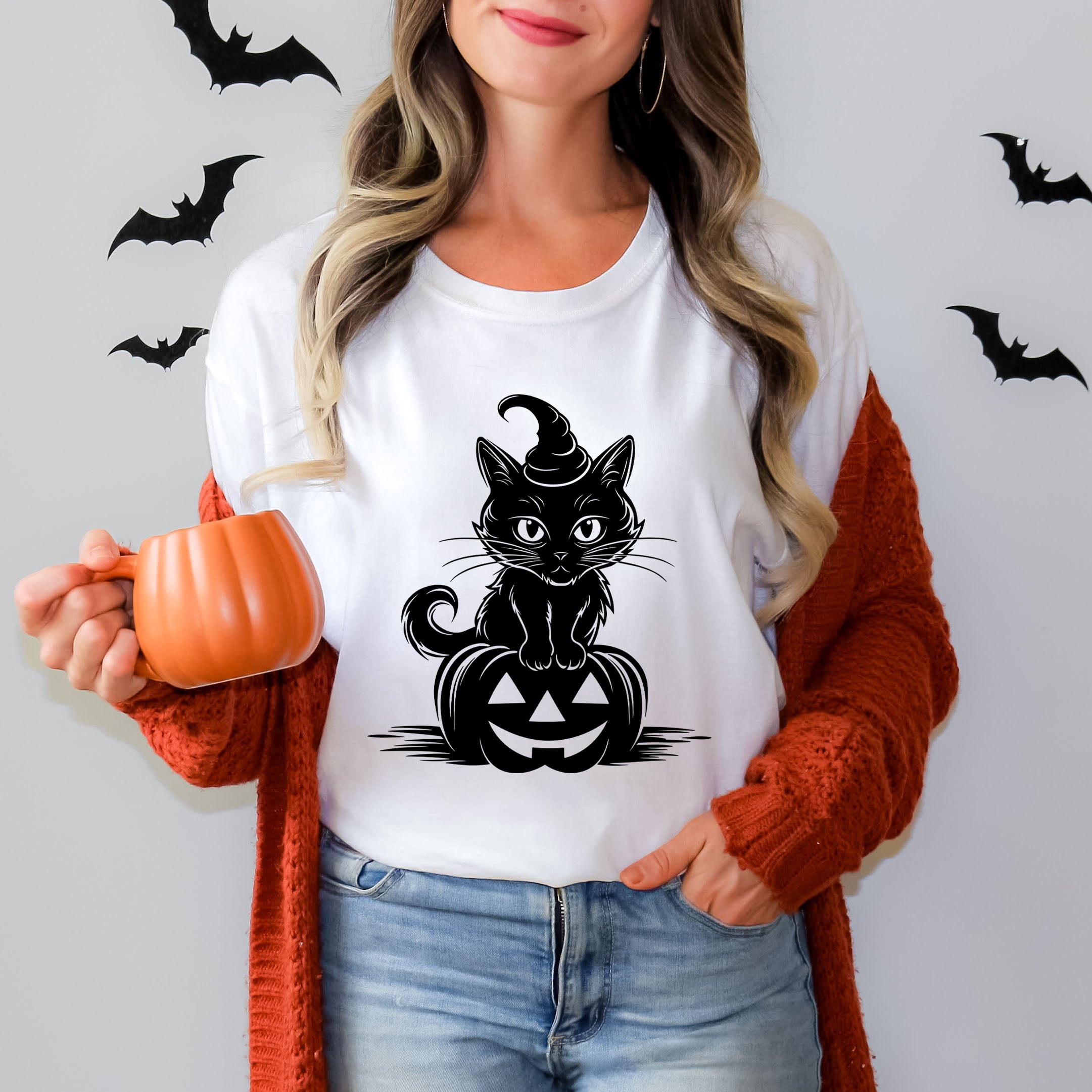 Cat Perched On A Pumpkin | Short Sleeve Crew Neck
