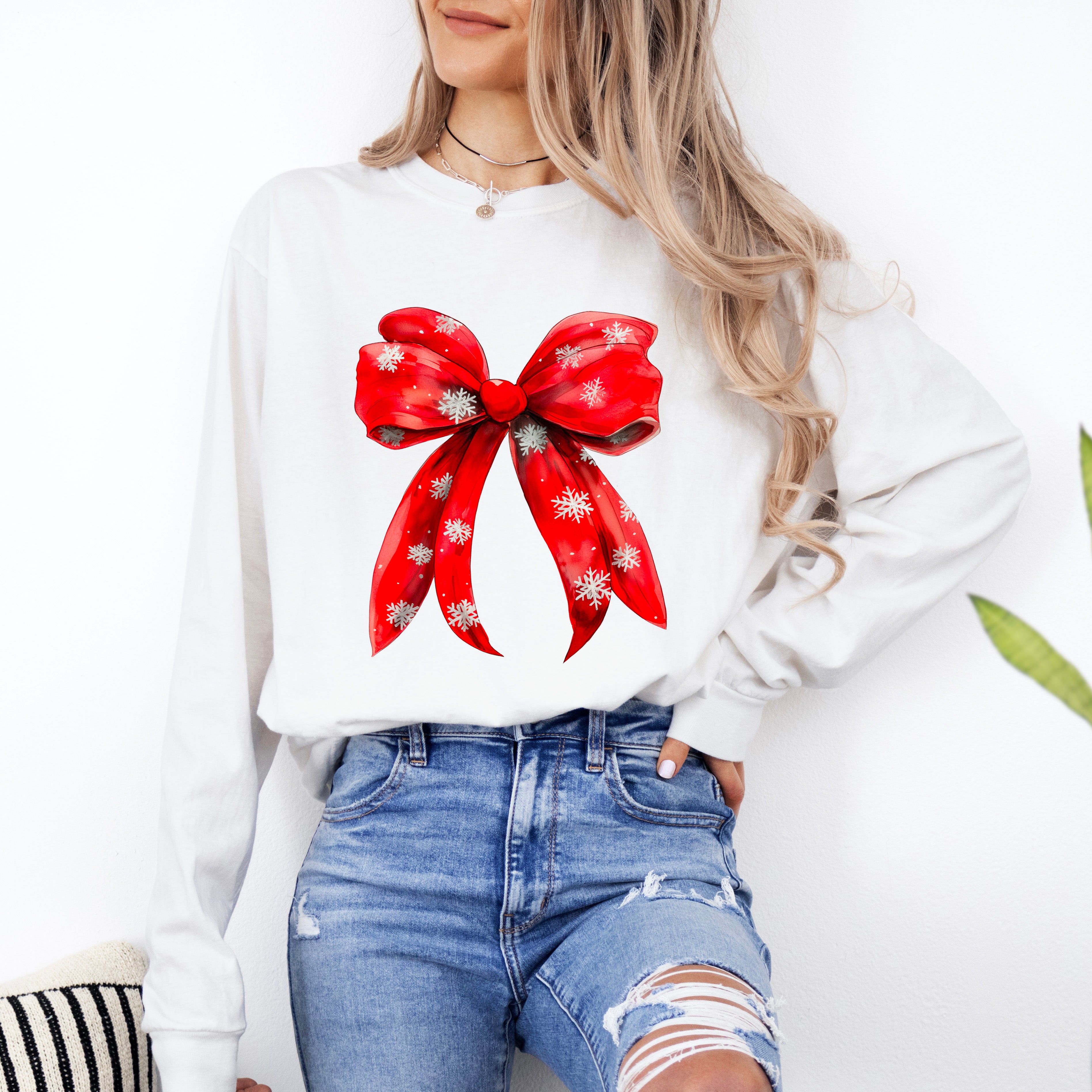 Coquette Christmas Snowflake Bow | Garment Dyed Long Sleeve