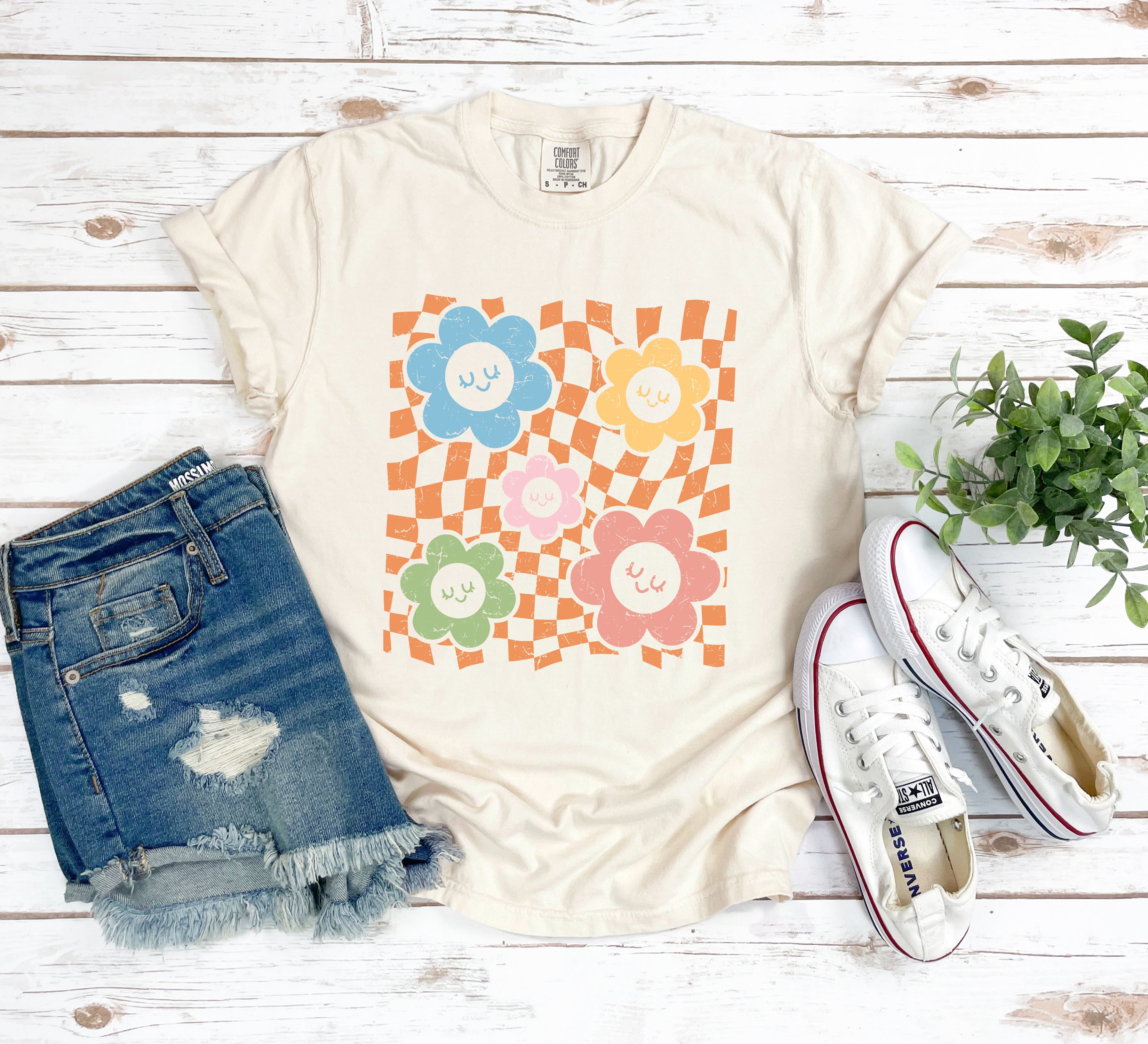 Checkered Flowers and Smiley | Garment Dyed Tee