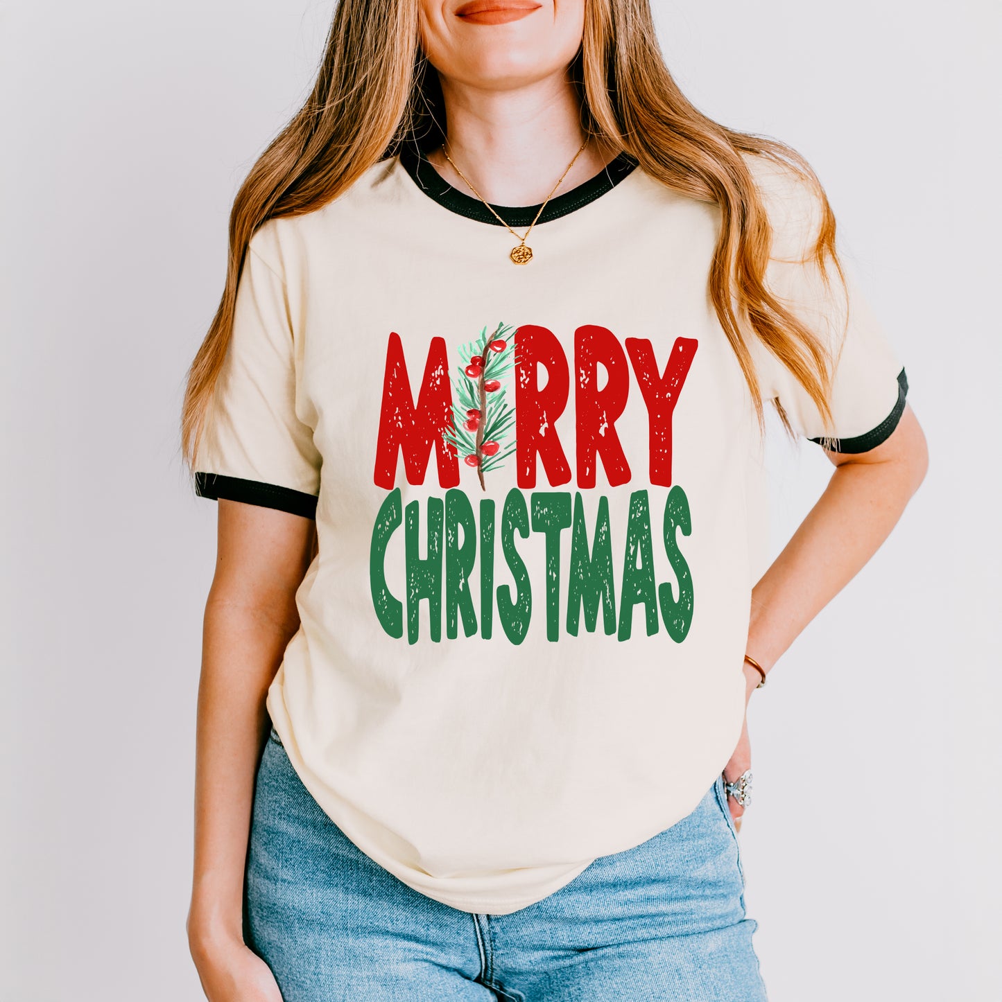 Red And Green Merry Christmas | Ringer Tee