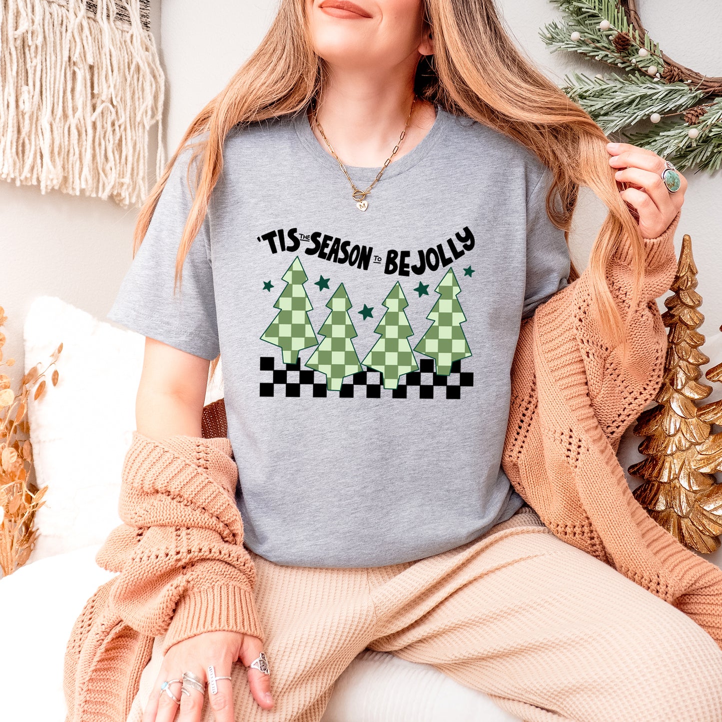 Be Jolly Checkered Tree | Short Sleeve Crew Neck