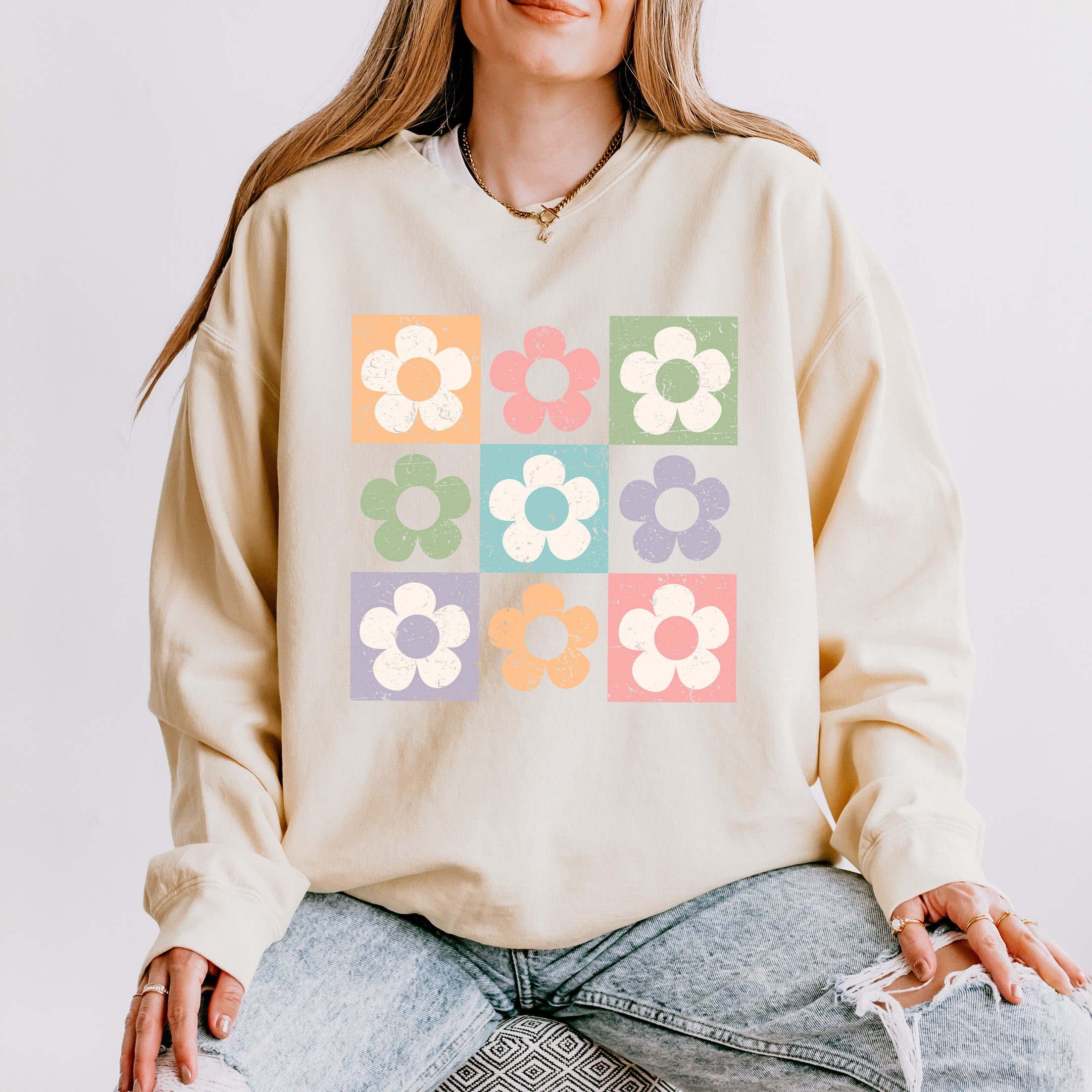 Checkered Flowers | Lightweight Garment Dyed Sweatshirt