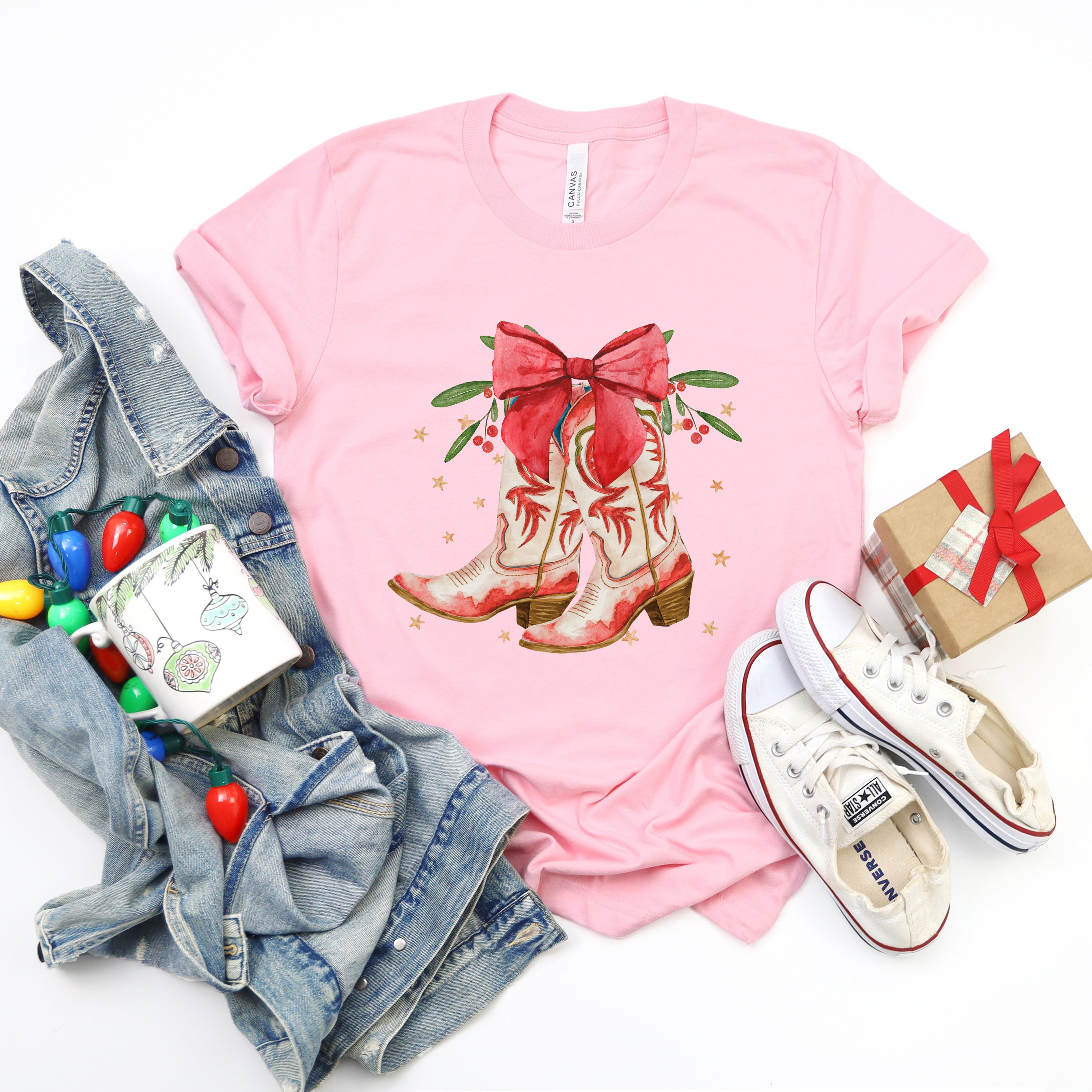 Coquette Cowgirl Christmas Boots | Short Sleeve Crew Neck