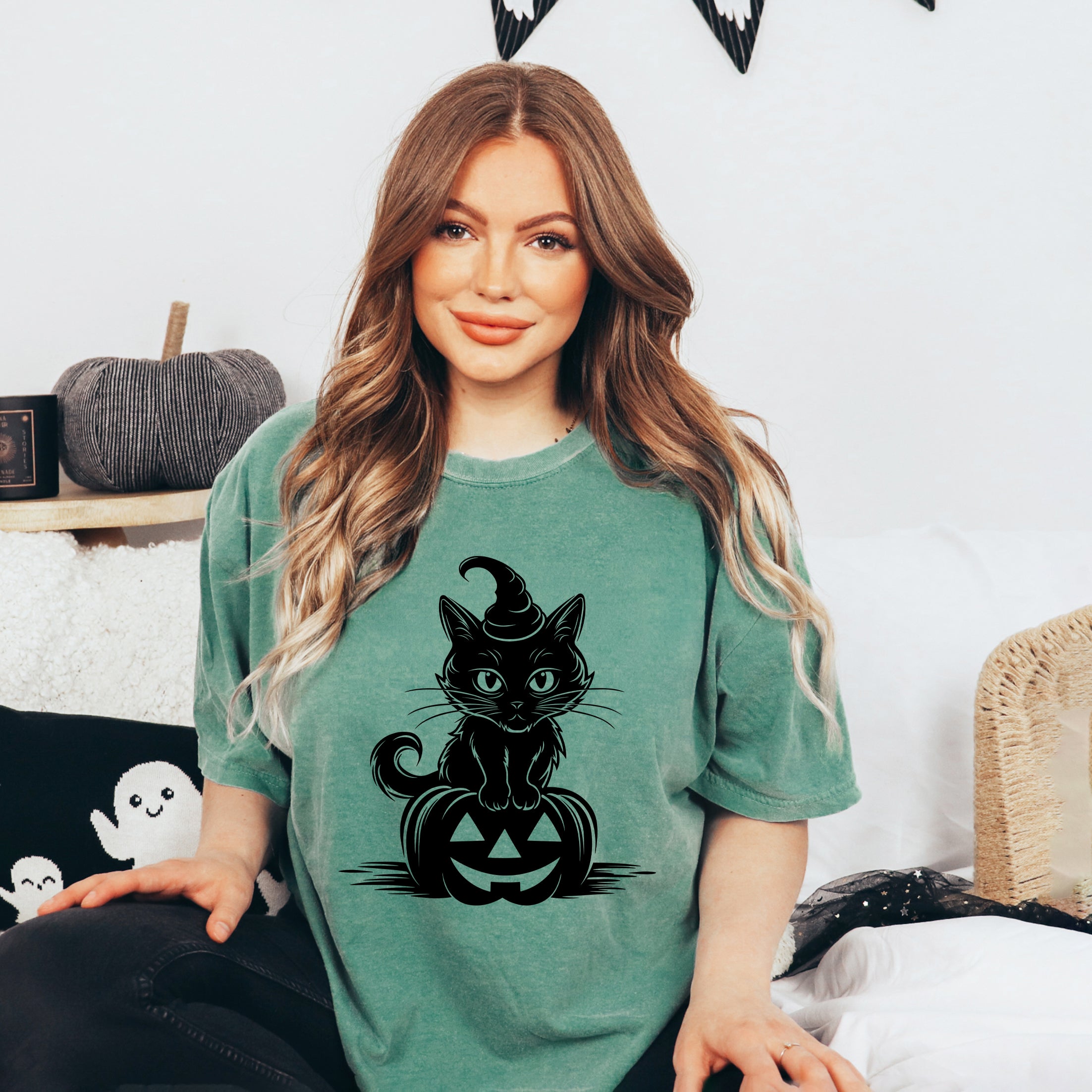 Cat Perched On A Pumpkin | Garment Dyed Tee