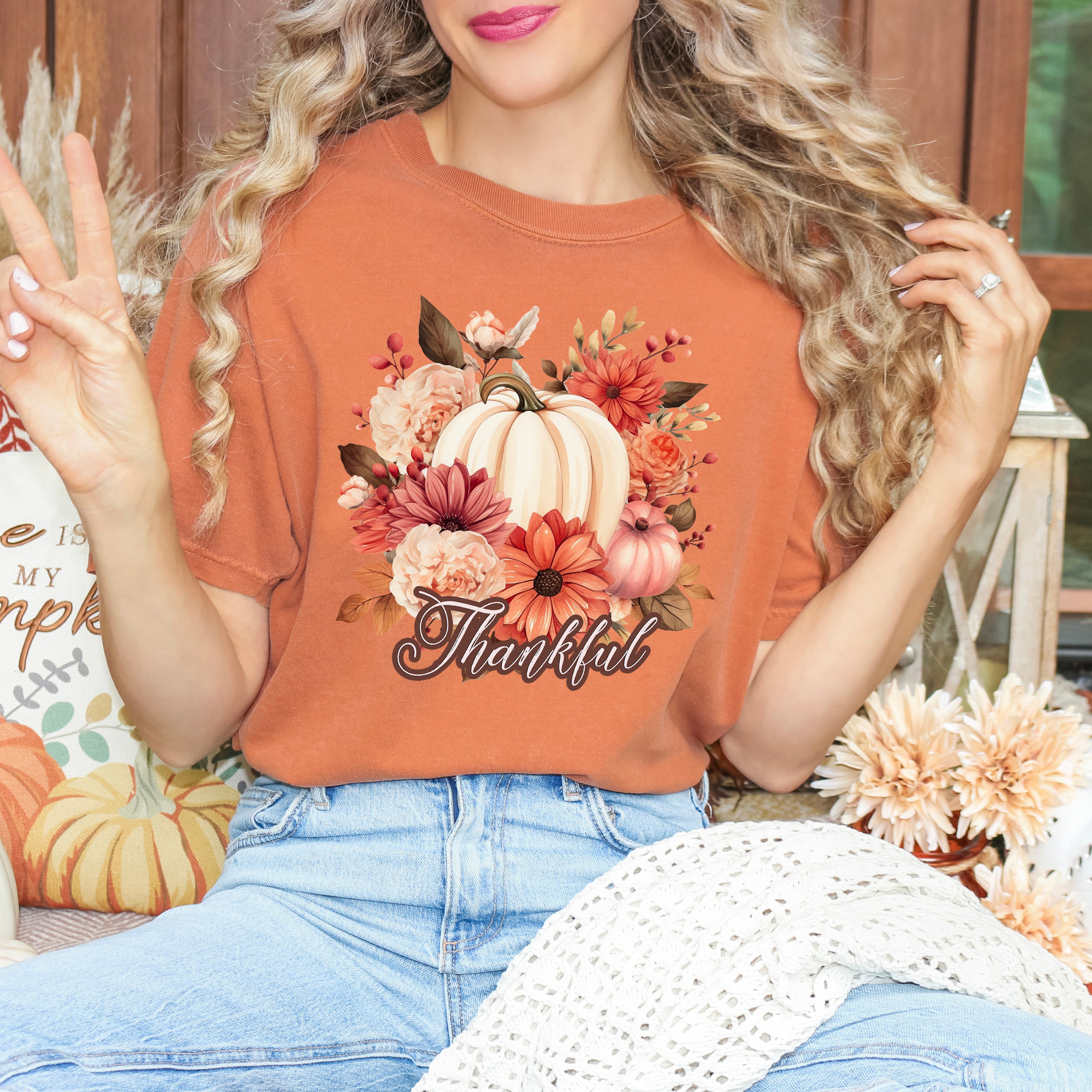 Thankful Pumpkin Floral | Garment Dyed Tee