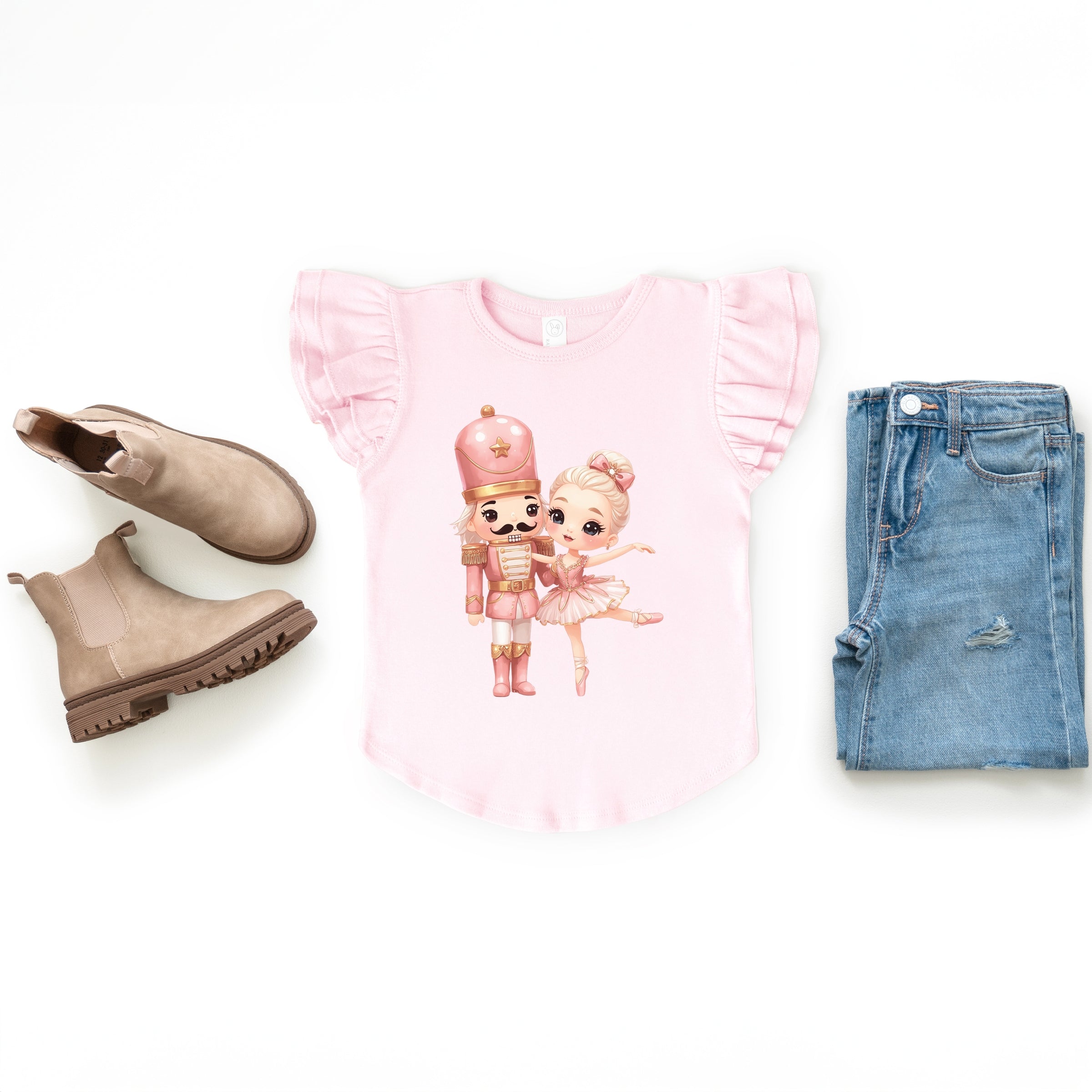Pink Nutcracker Ballerina - Flutter Sleeve Graphic T-Shirt