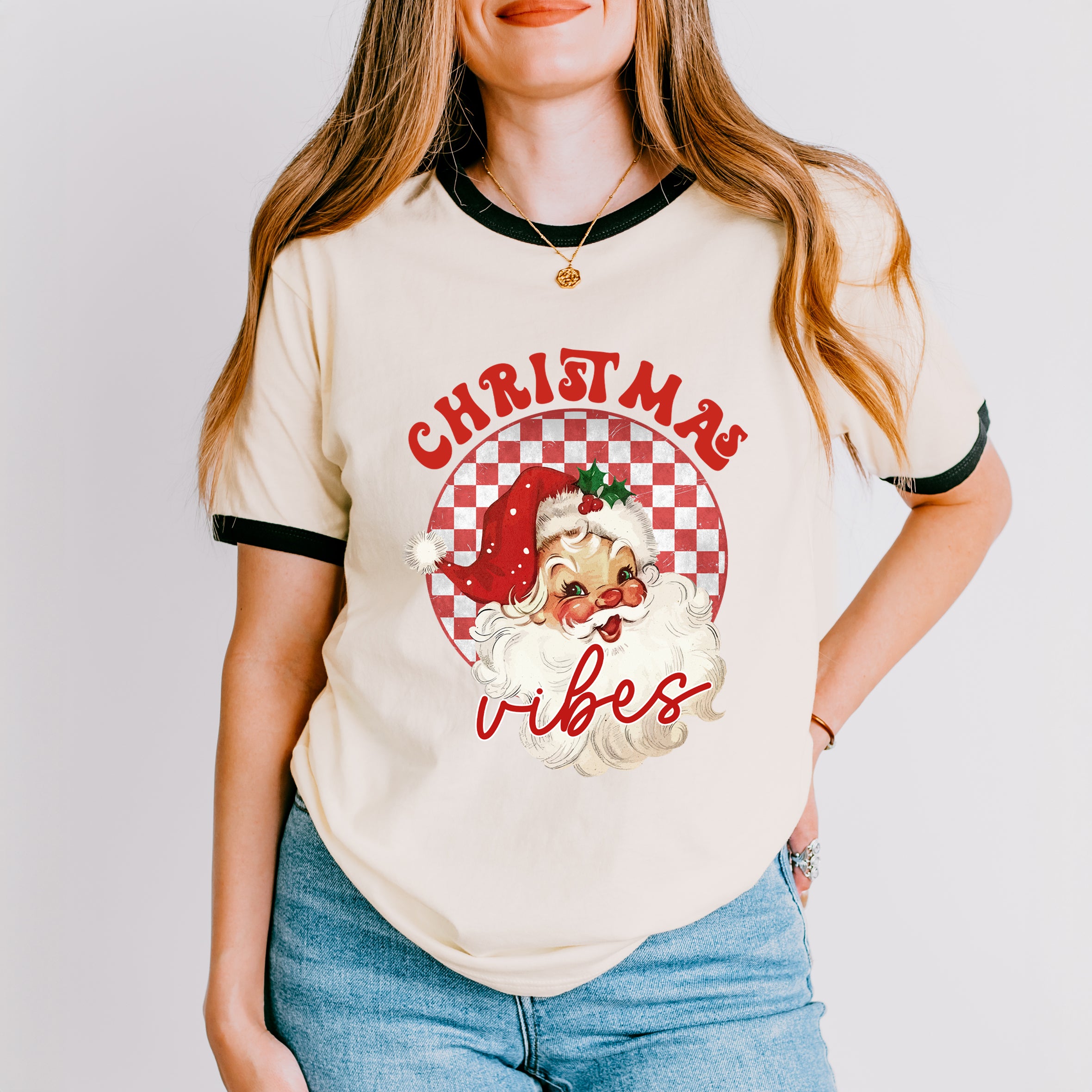 Christmas Vibes Santa Checkered  | Ringer Tee